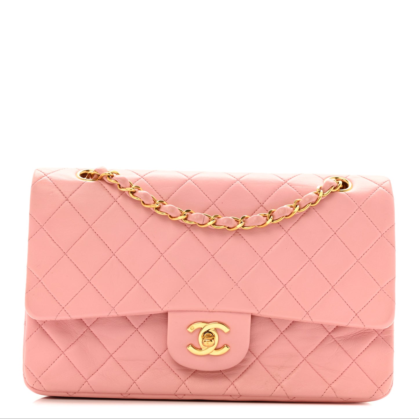 Lambskin Quilted Medium Double Flap Light Pink