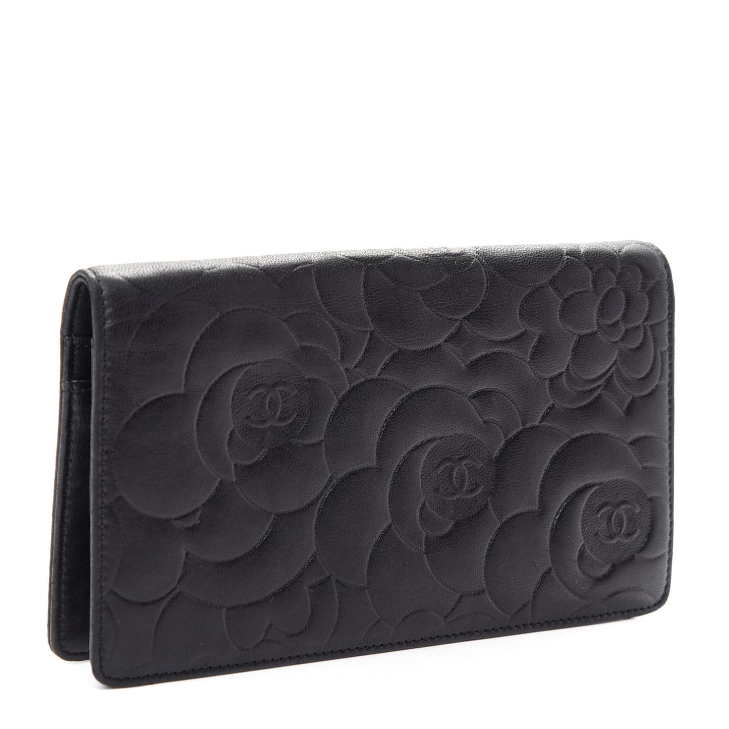 Lambskin Camellia Embossed Yen Wallet Black