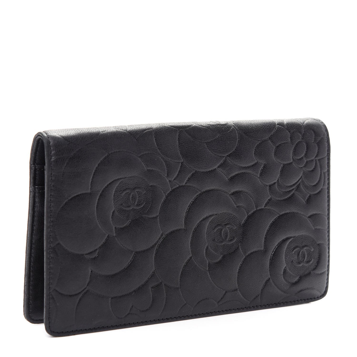 Chanel Lambskin Camellia Embossed Yen Wallet Black 3 of 10