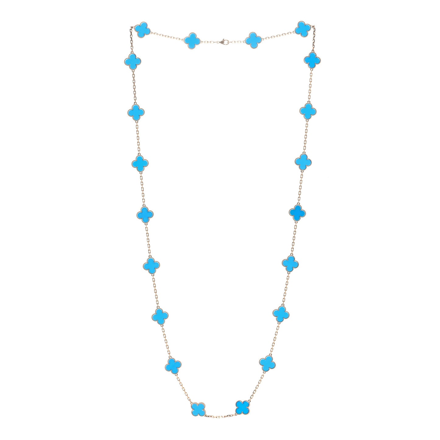 18K Yellow Gold Blue Agate 20 Motifs Vintage Alhambra Necklace