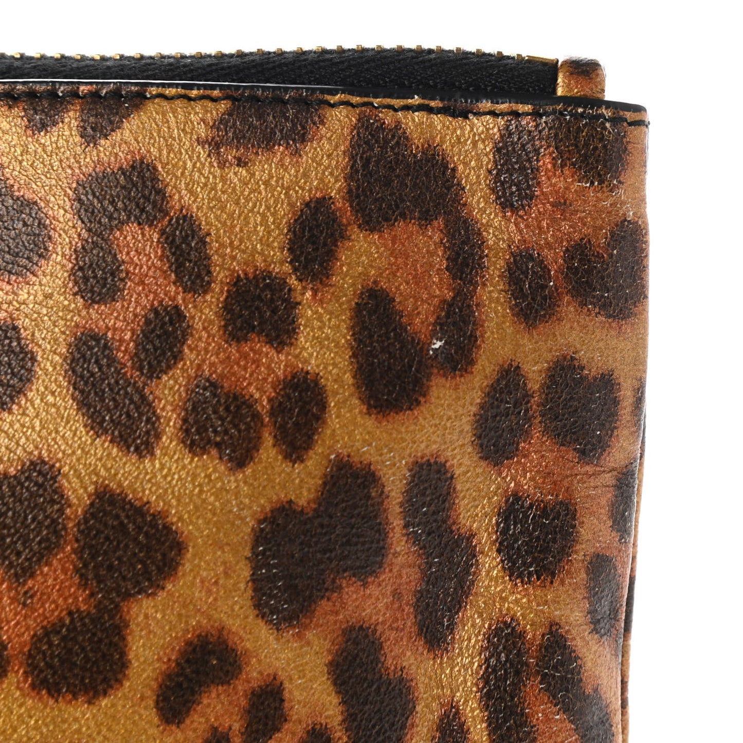 Metallic Calfskin Leopard Printed Letters Monogram Zip Clutch