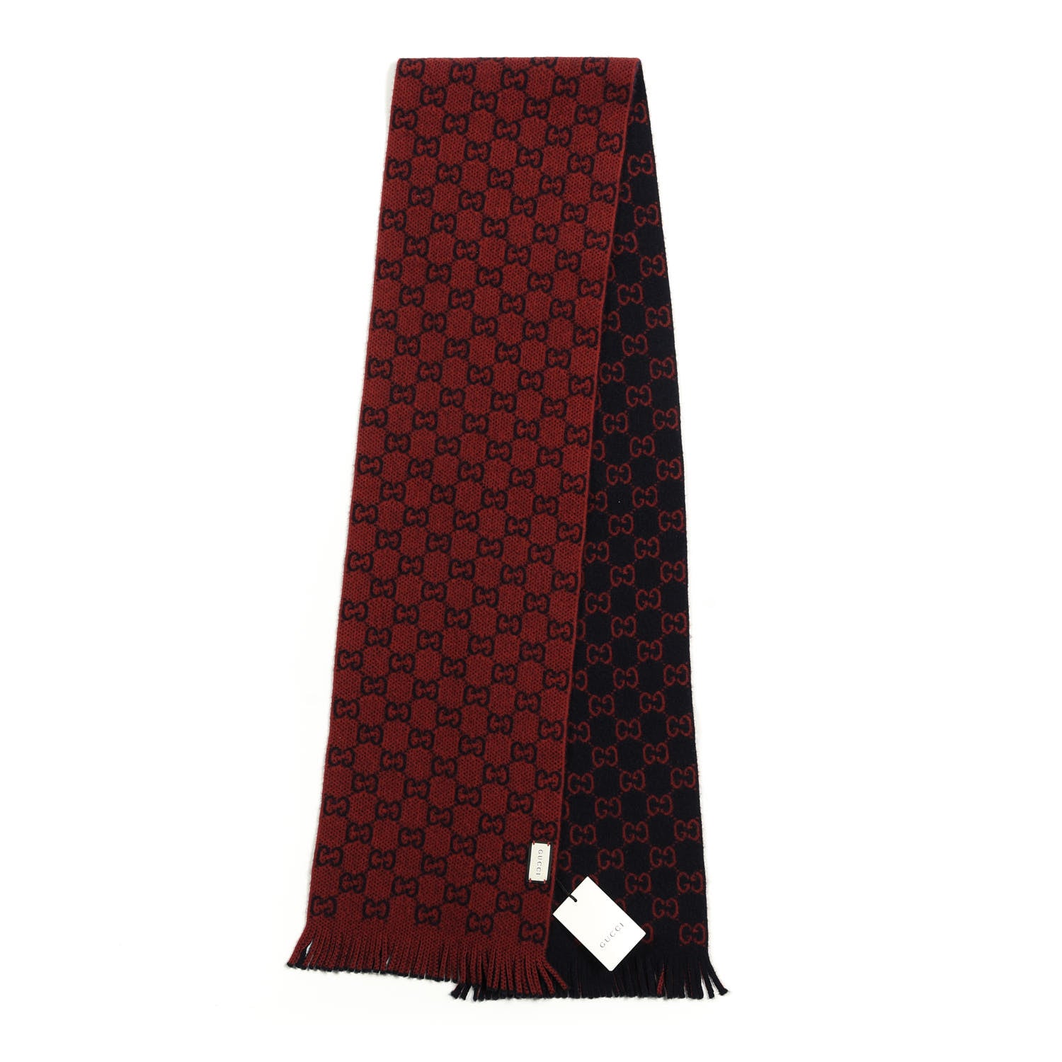 Gucci Wool GG Monogram Knit Longfog Fringe Scarf Midnight Blue Red 2 of 4