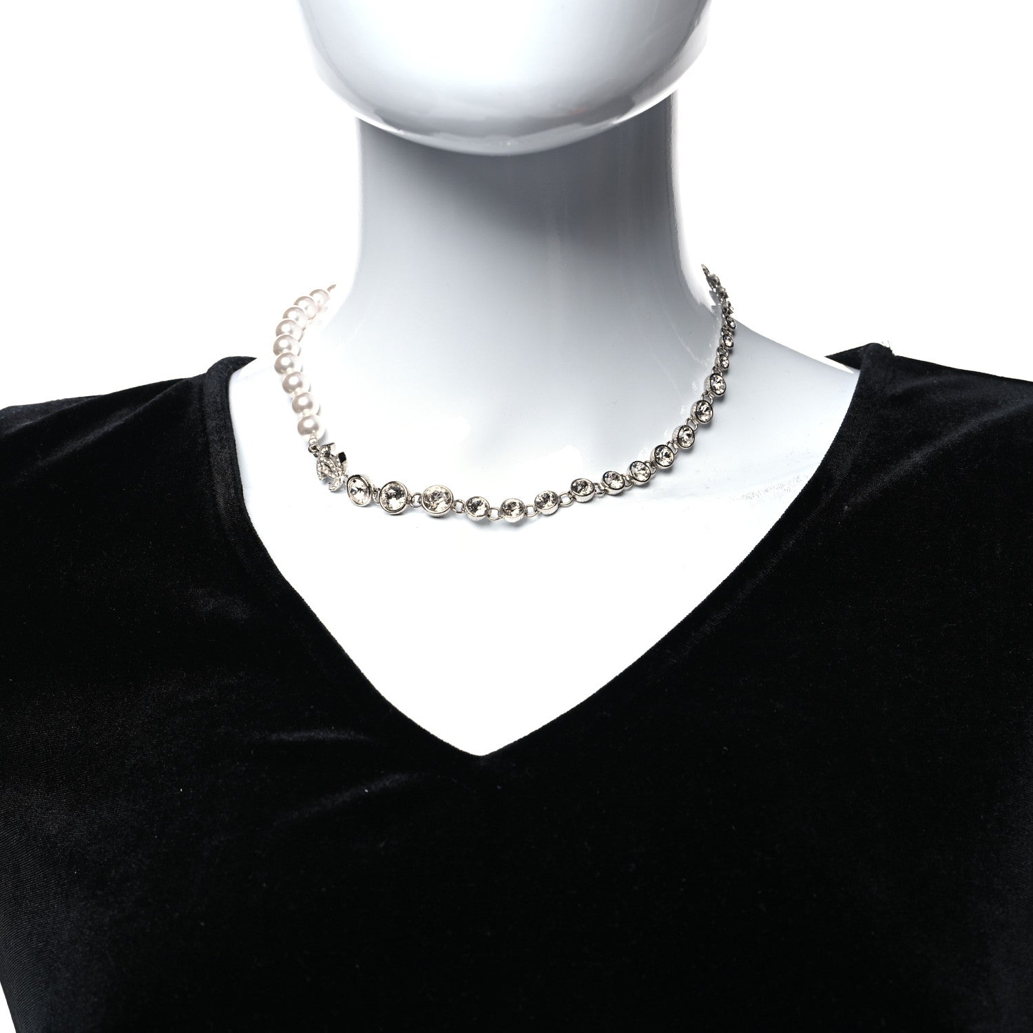 Chanel Pearl Crystal CC Choker Necklace Silver Pearly White 2 of 5
