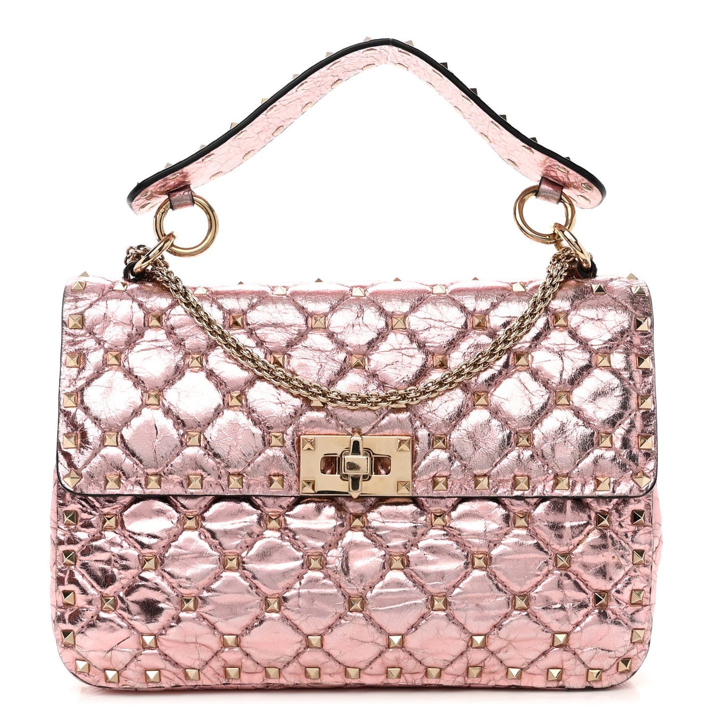 Metallic Wrinkled Lambskin Medium Rockstud Spike Shoulder Bag Lipstick