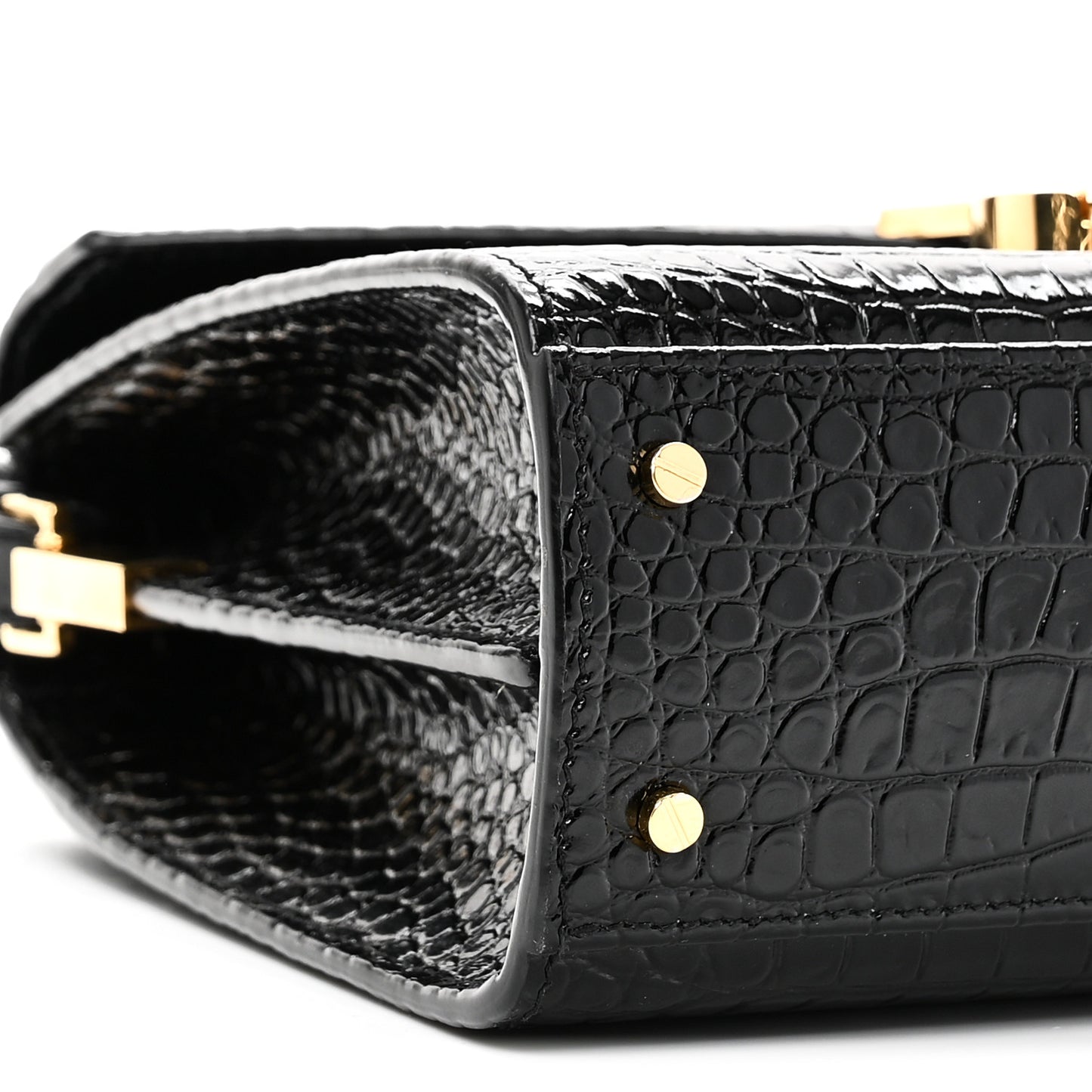 Calfskin Crocodile Embossed Mini Classic Monogram Cassandra Top Handle Black