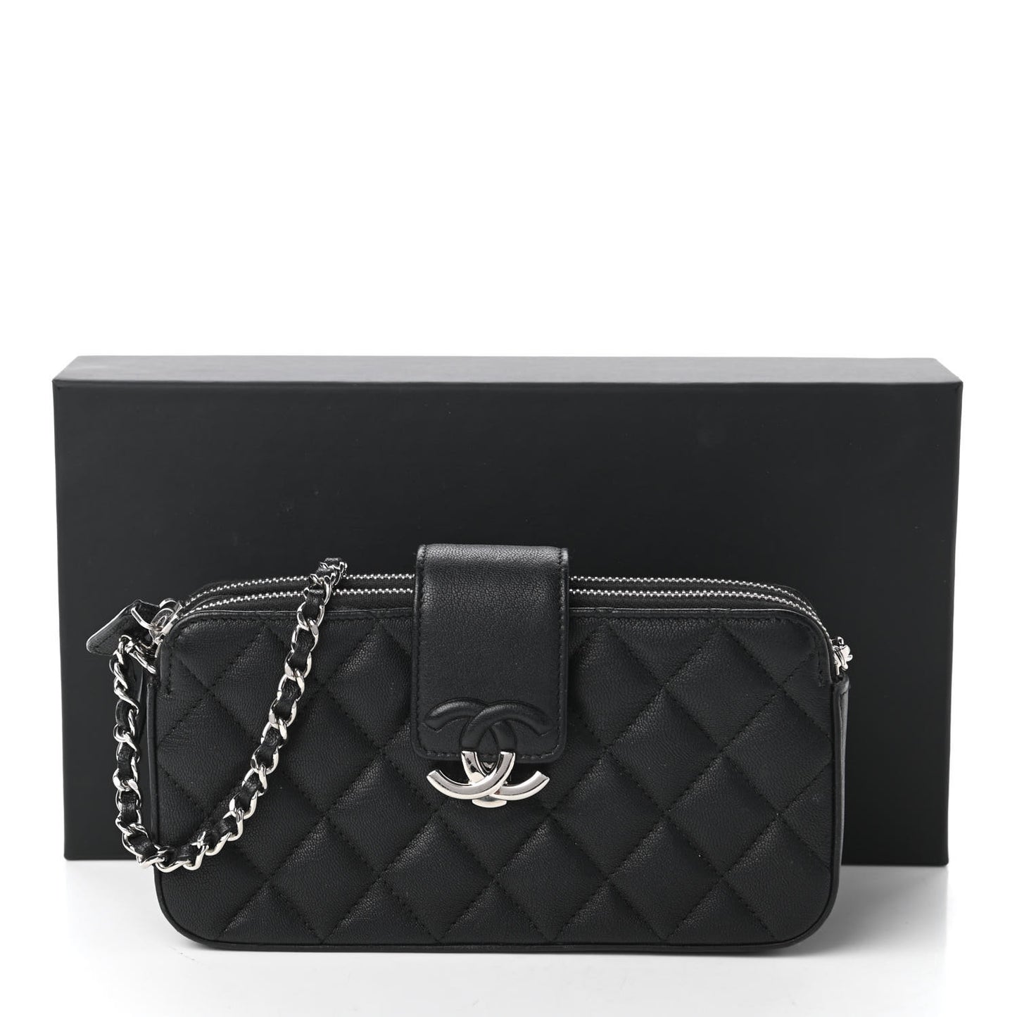 Lambskin Quilted CC Box Clutch With Chain Black
