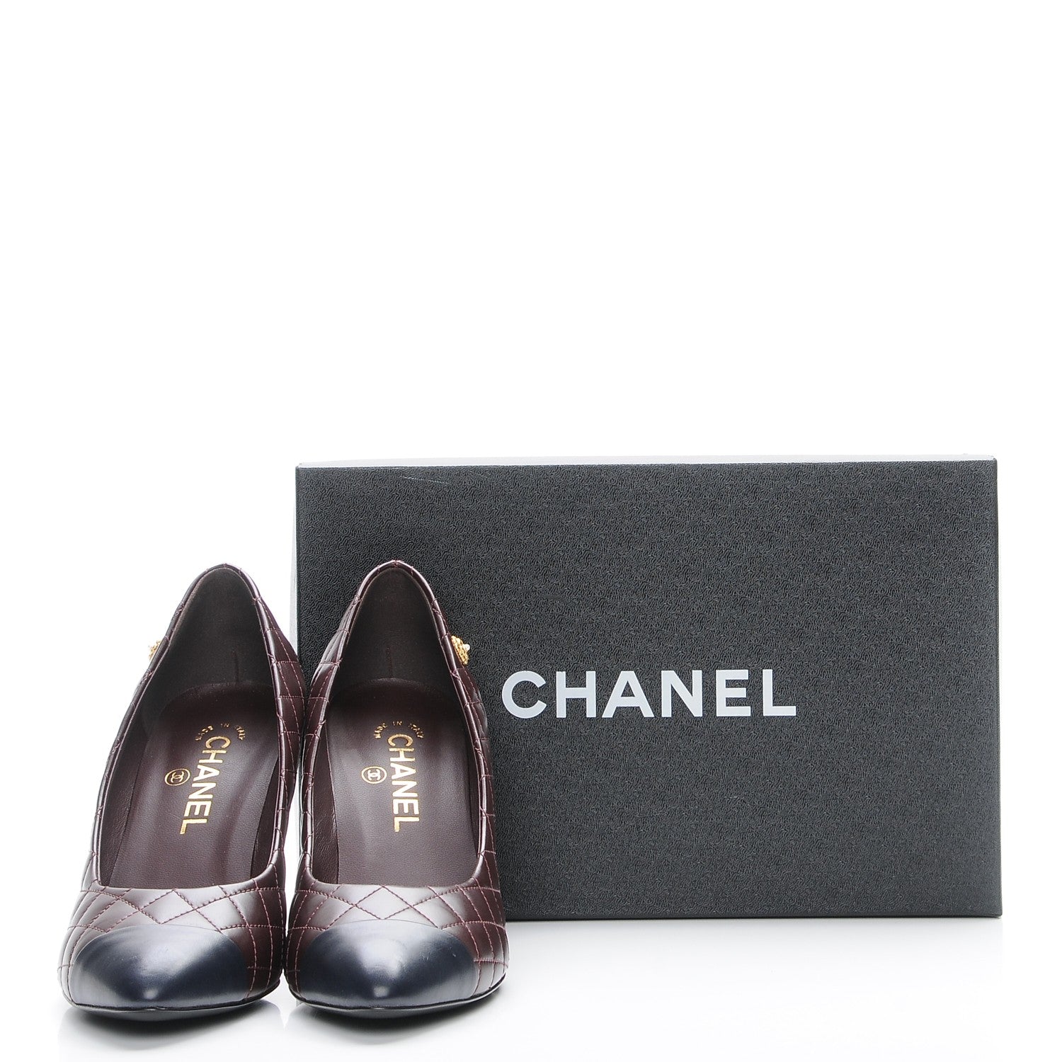 Chanel Calfskin Quilted Cap Toe Camellia Pumps 39 Burgundy Navy 9 of 9