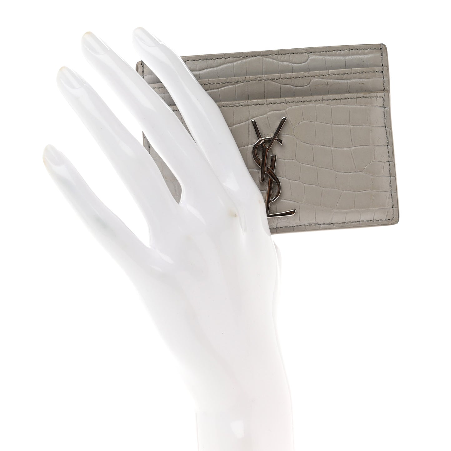 Calfskin Crocodile Embossed Monogram Card Case Grey