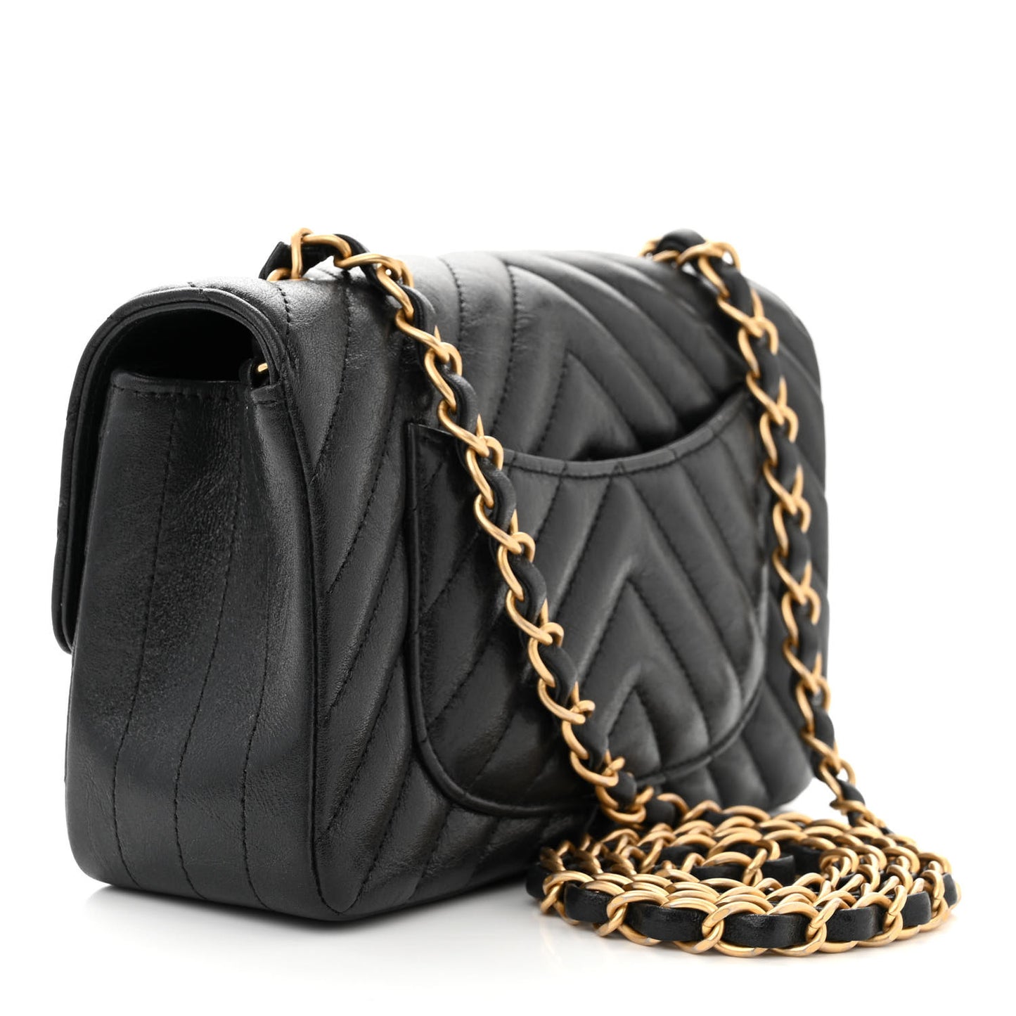 Iridescent Calfskin Chevron Quilted Mini Rectangular Flap Black