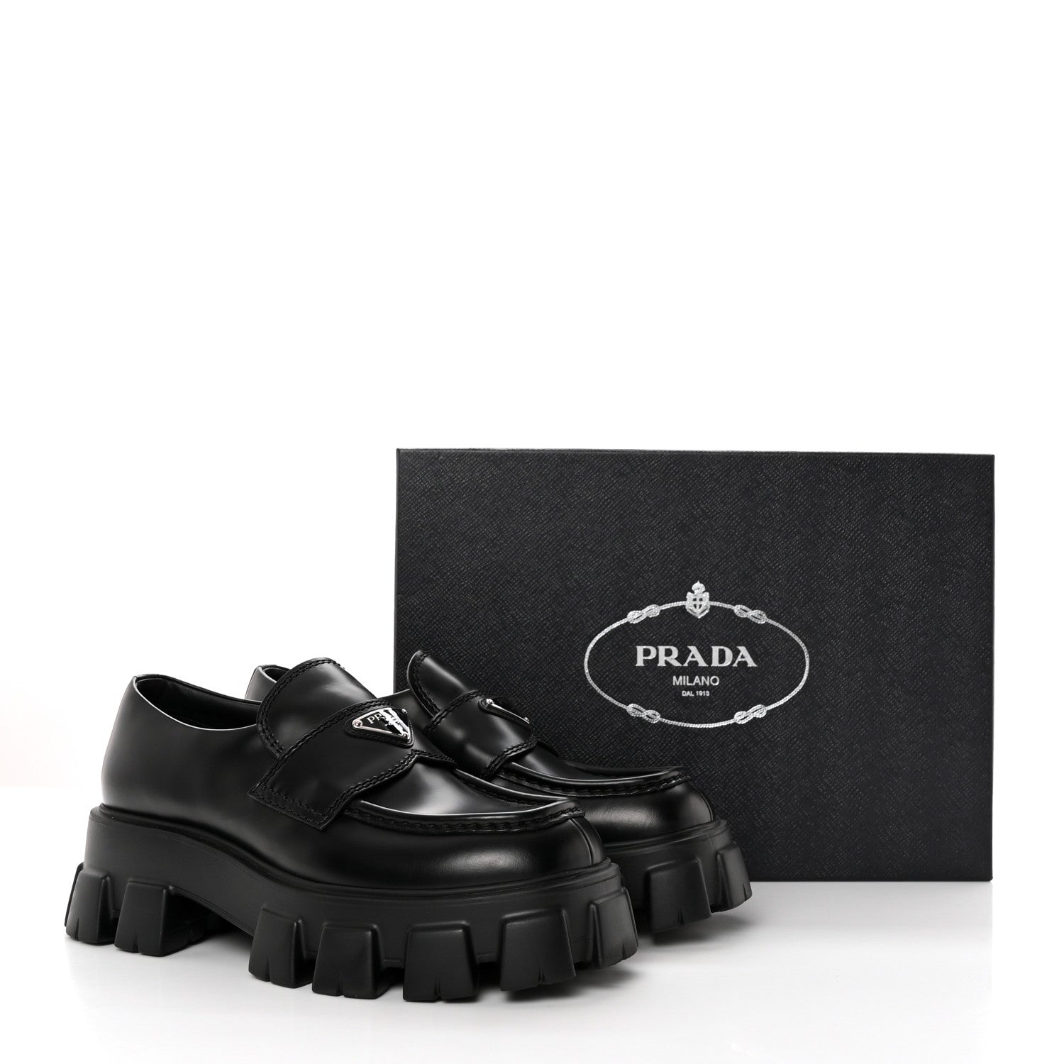 Prada Spazzolato Rois Metal Triangle Logo Mens Monolith 55mm Loafers 6 Black 15 of 15