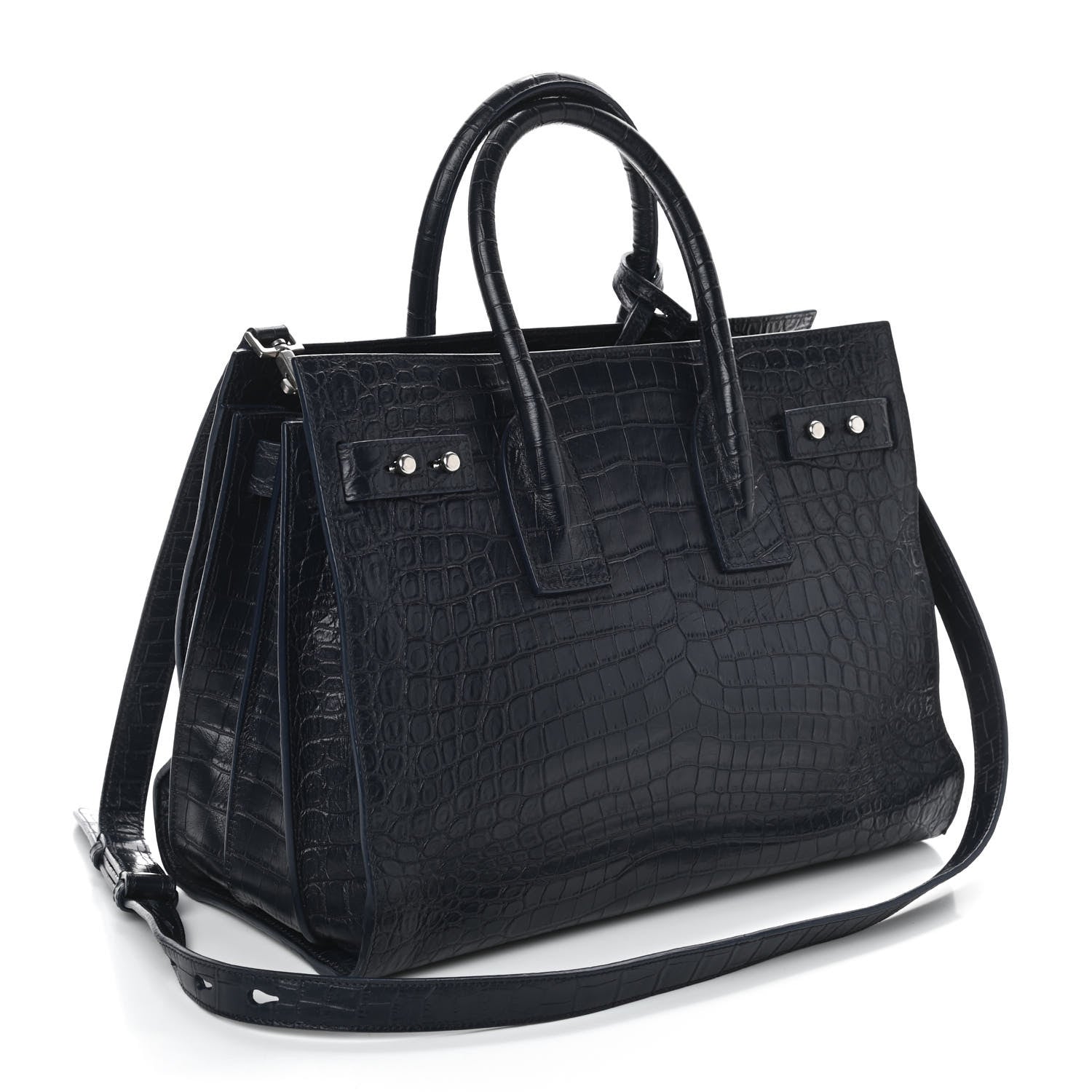 Saint Laurent Calfskin Crocodile Embossed Small Supple Sac de Jour Navy 3 of 9