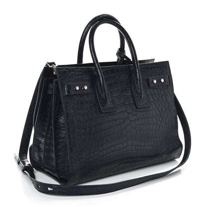 Saint Laurent Calfskin Crocodile Embossed Small Supple Sac de Jour Navy 3 of 9