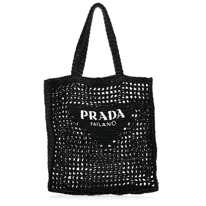 Prada Yarn Raffia Effect Crochet Logo Embroidered Tote Bag Black 1 of 8