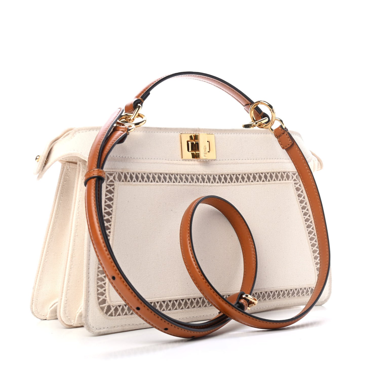 Canvas Vitello Floral Ajour Embroidered Medium Peekaboo I SEE U East West Satchel Natural Brown