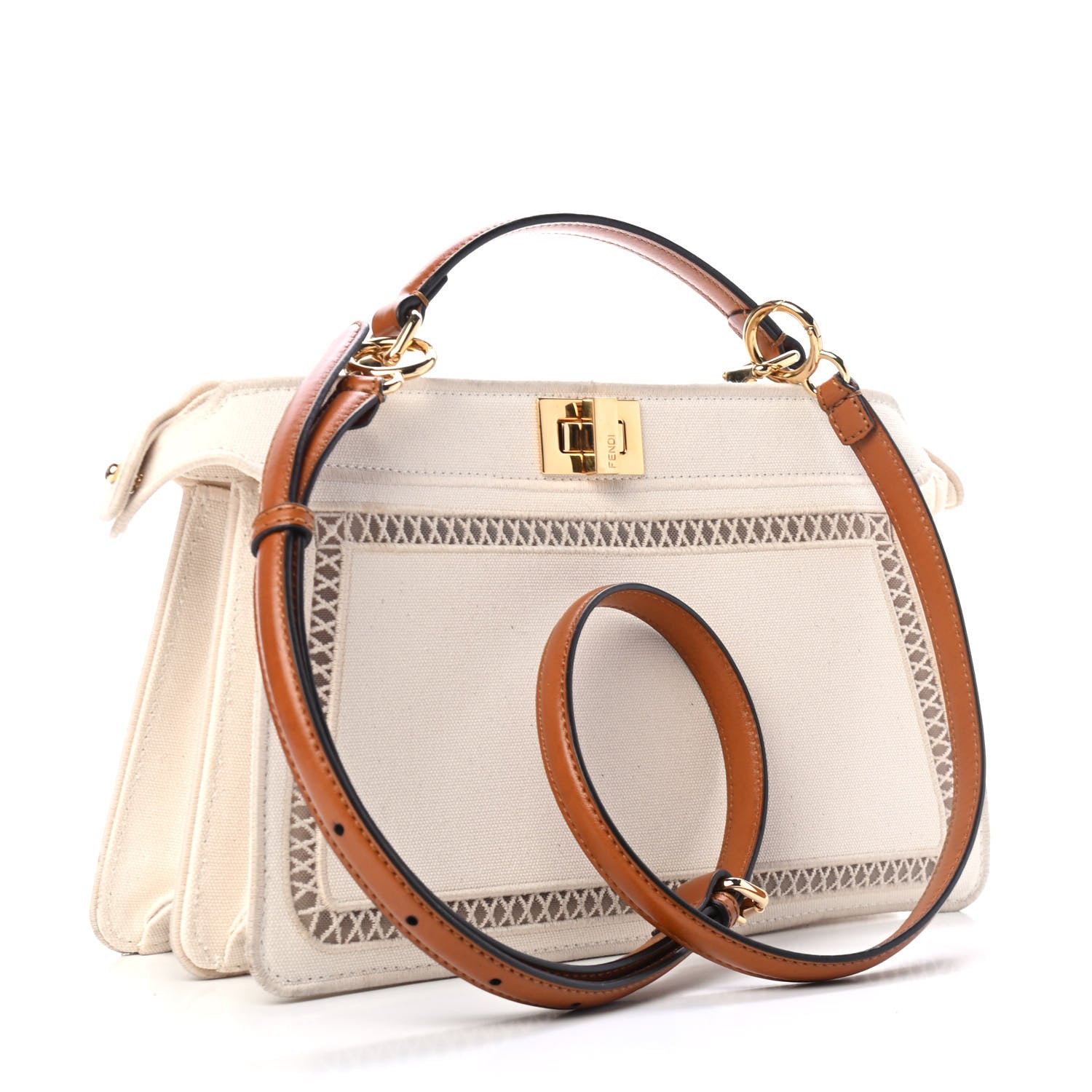 Fendi Canvas Vitello Floral Ajour Embroidered Medium Peekaboo I SEE U East West Satchel Natural Brown 2 of 4