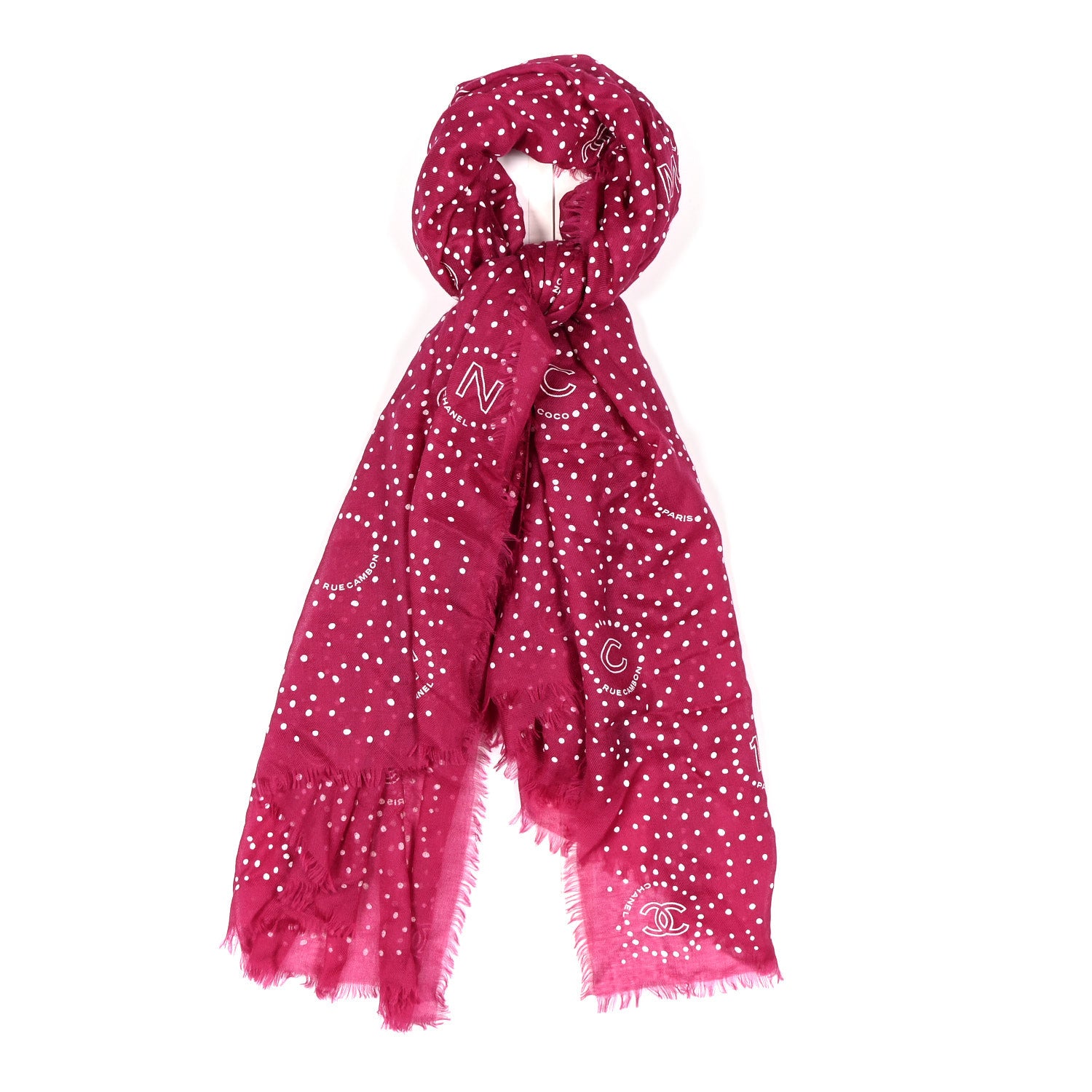 Chanel Cashmere CC Polka Dot Fringe Stole Burgundy White 1 of 4