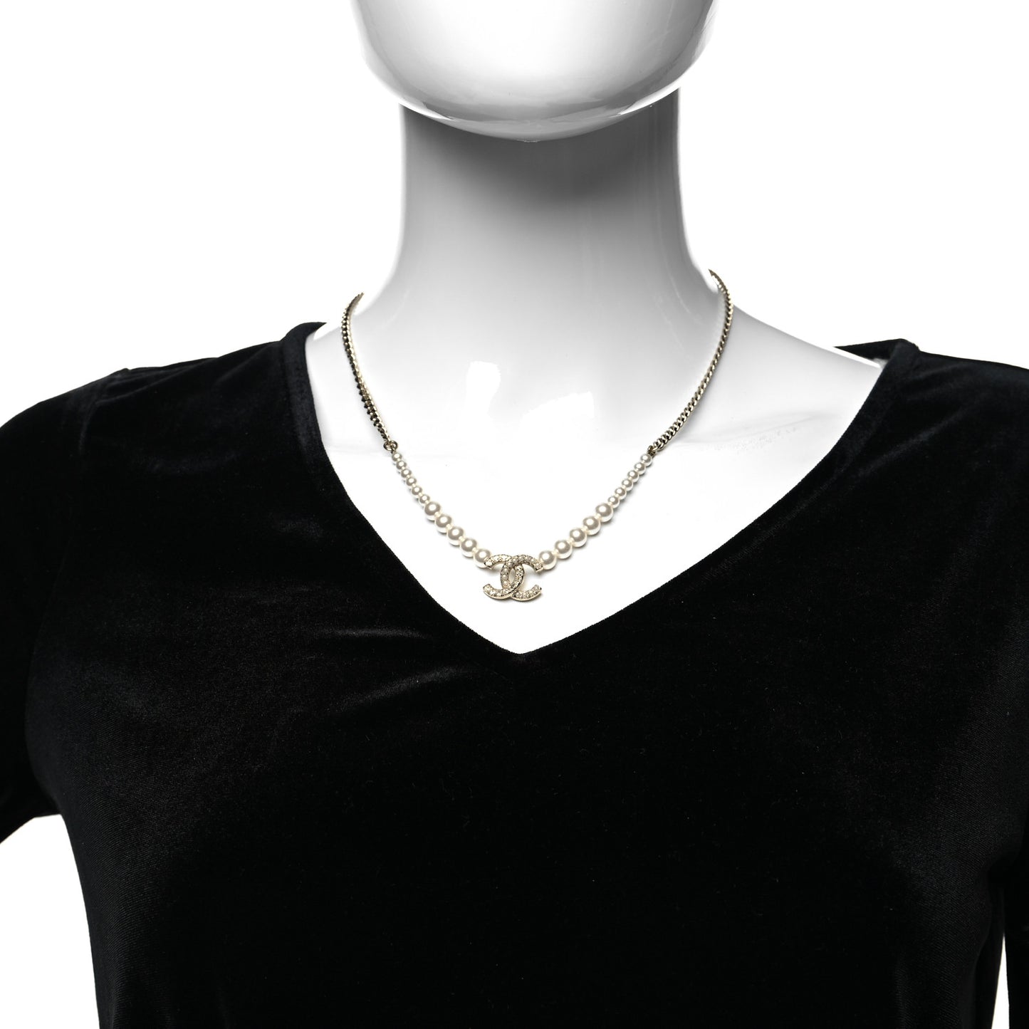 Pearl Crystal Chain CC Necklace Gold