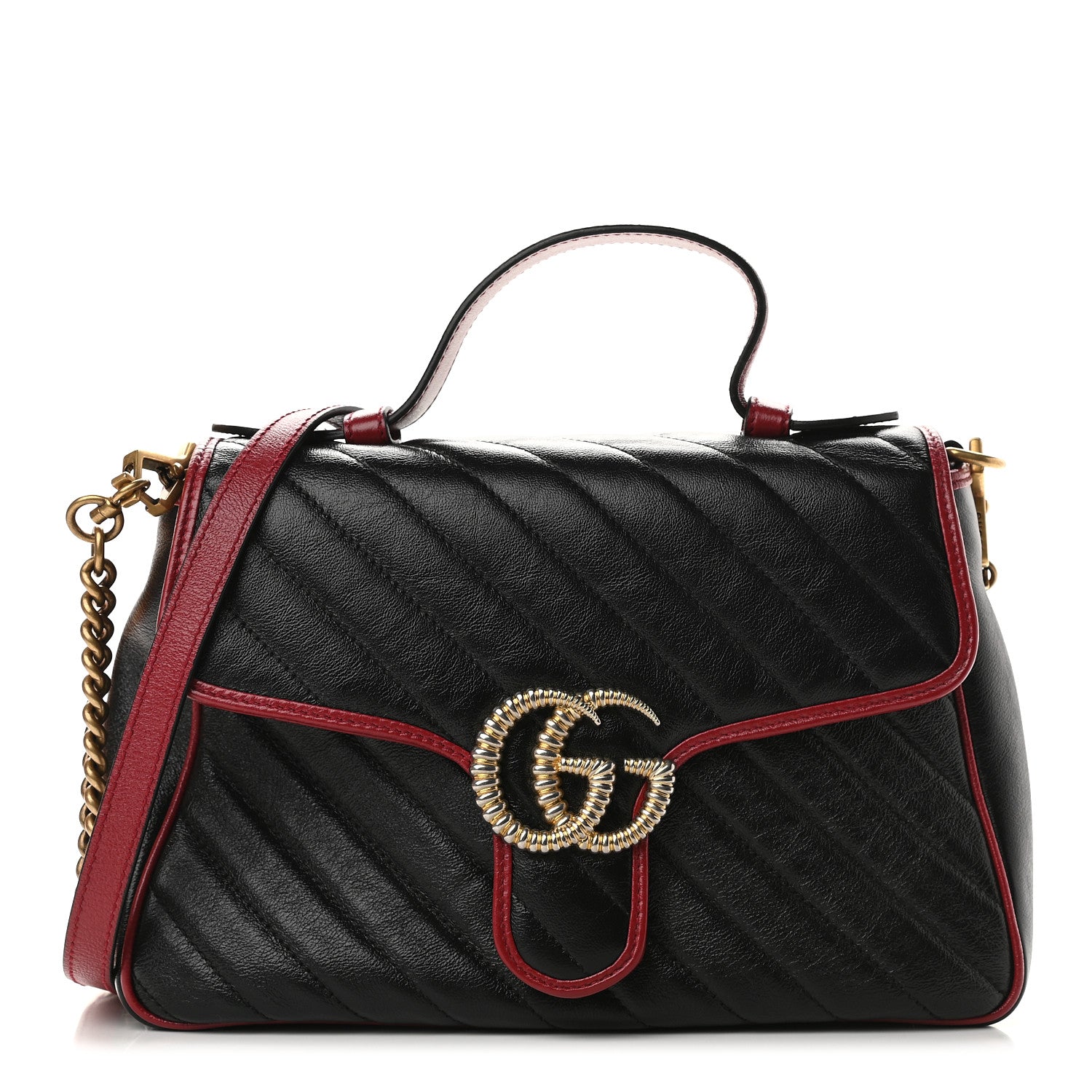 Gucci Vintage Effect Calfskin Matelasse Diagonal Small Torchon GG Marmont Top Handle Shoulder Bag Black Romantic Cherry 1 of 8