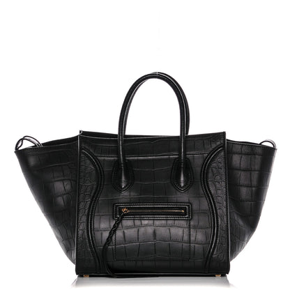 Celine Crocodile Embossed Calfskin Medium Phantom Luggage Black 1 of 6