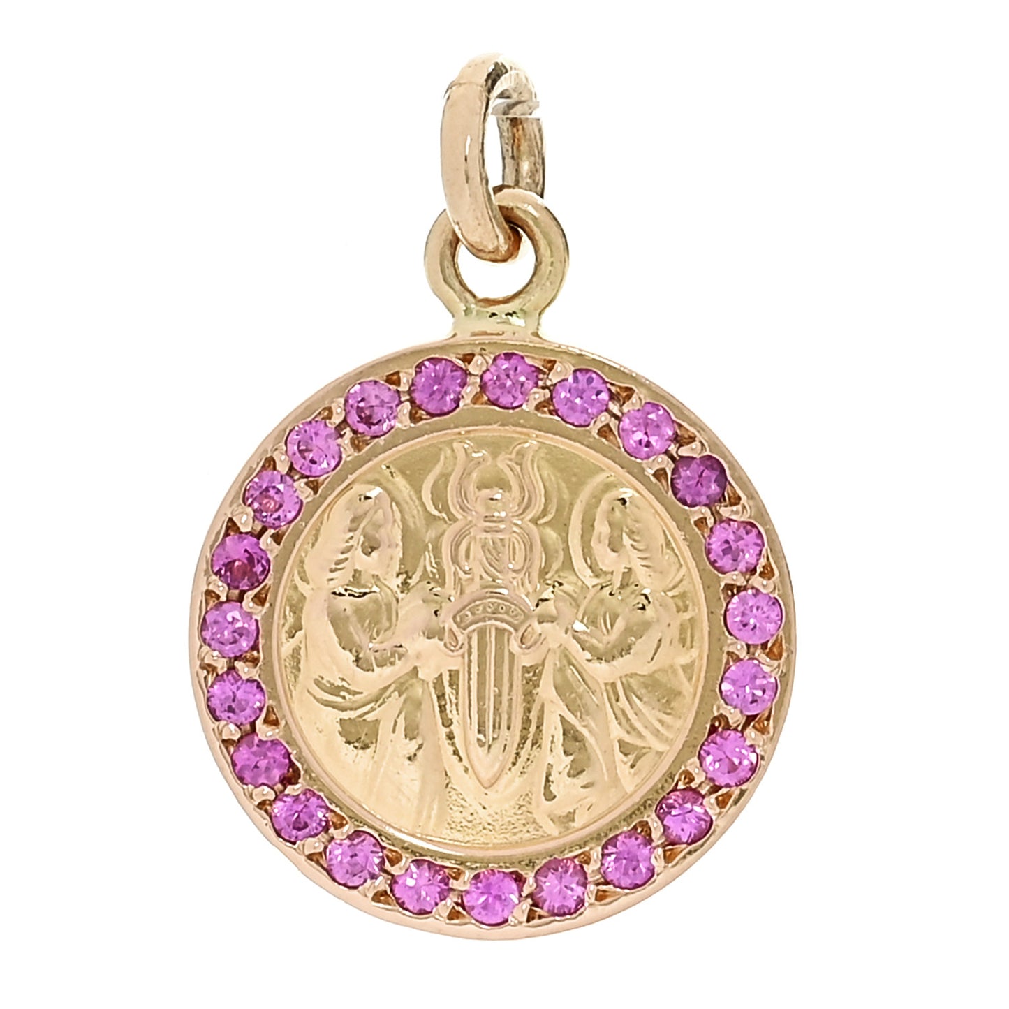 22K Yellow Gold Pink Sapphire Angel Dagger Charm Pendant