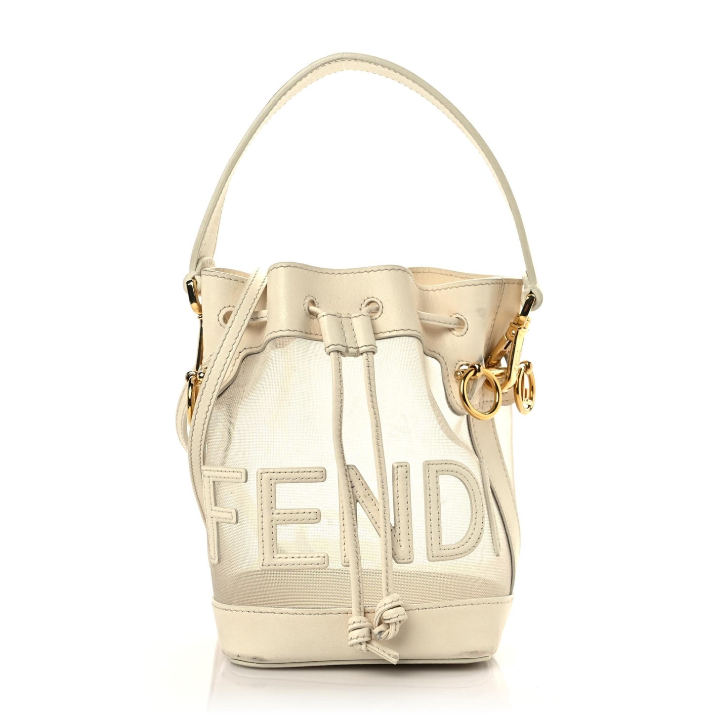 Mesh Vitello King F is Fendi Logo Embroidered Mini Mon Tresor Bucket Bag Sabbia White Ice