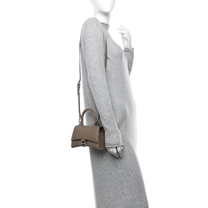 Balenciaga Shiny Calfskin Crocodile Embossed Hourglass Top Handle Bag XS Mink Grey 3 of 13