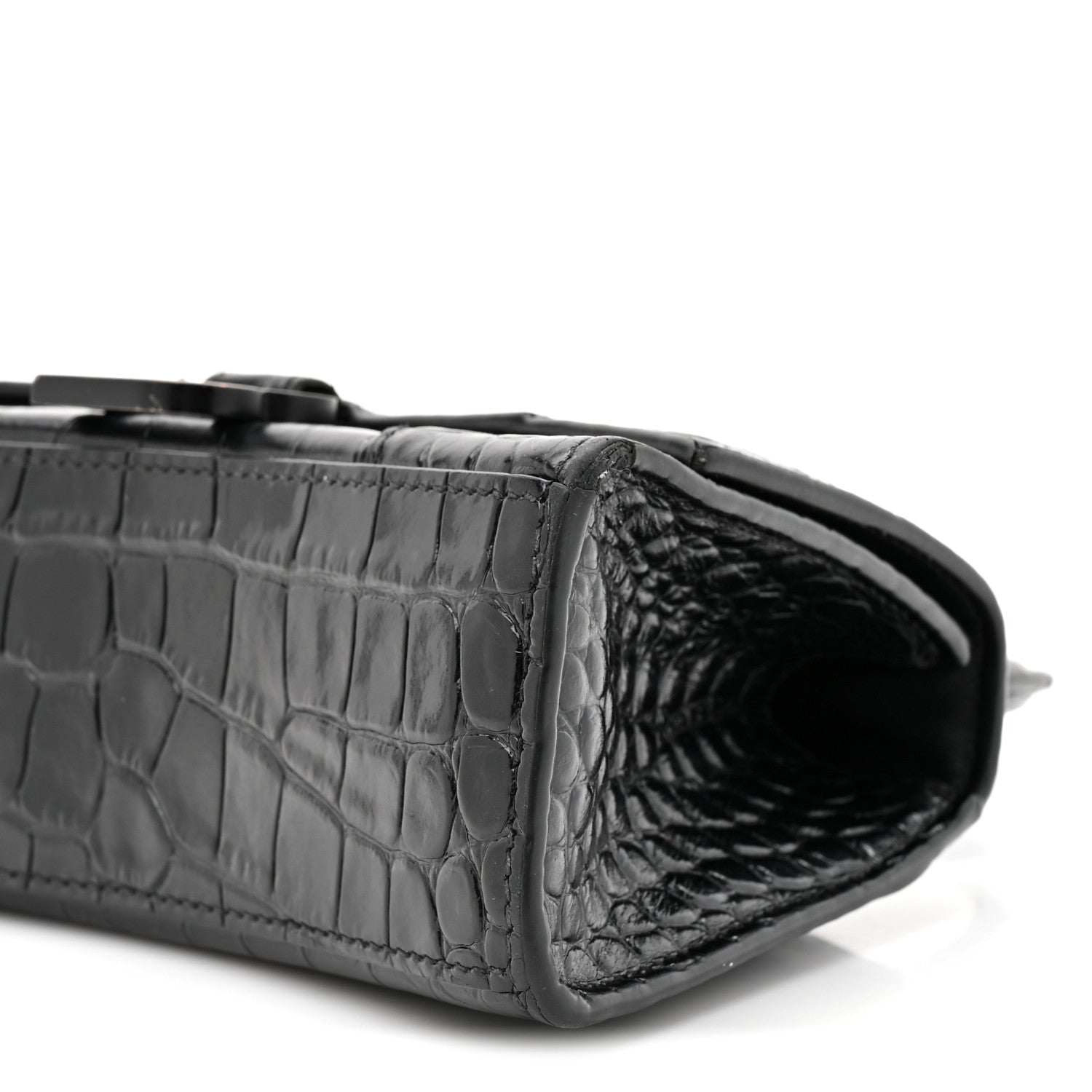 Balenciaga Shiny Calfskin Monochrome Crocodile Embossed Hourglass Top Handle Bag XS Black 10 of 17