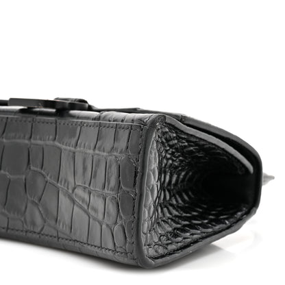 Balenciaga Shiny Calfskin Monochrome Crocodile Embossed Hourglass Top Handle Bag XS Black 10 of 17