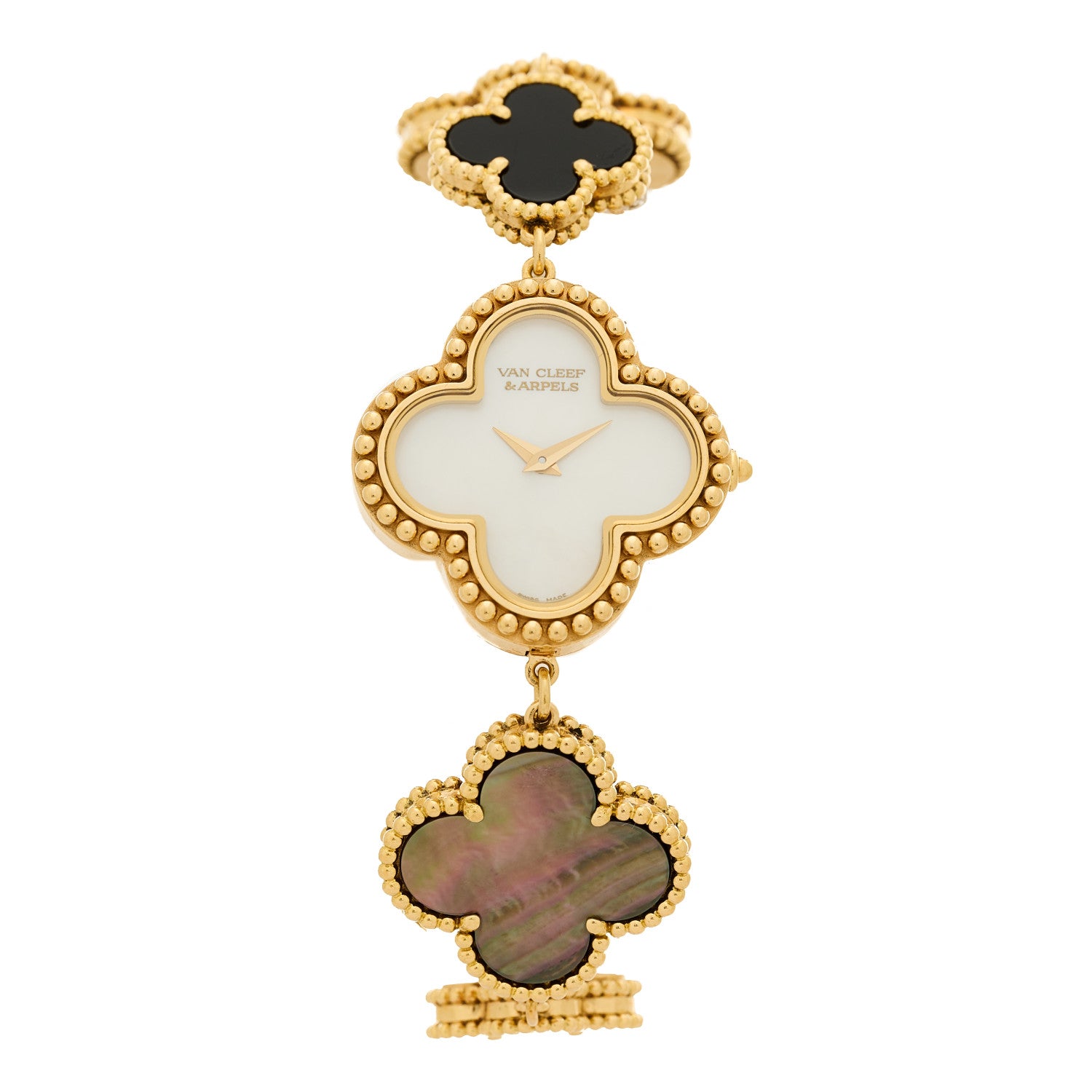 Van Cleef & Arpels 18K Yellow Gold Mother of Pearl Black Onyx 26mm Alhambra Quartz Watch 1 of 6