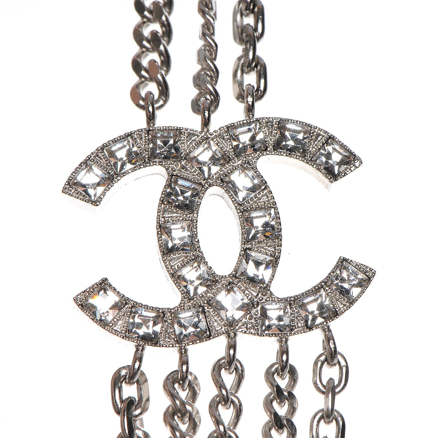 Chanel Baguette Crystal CC Shield Multi Strand Long Chain Necklace Silver 5 of 7