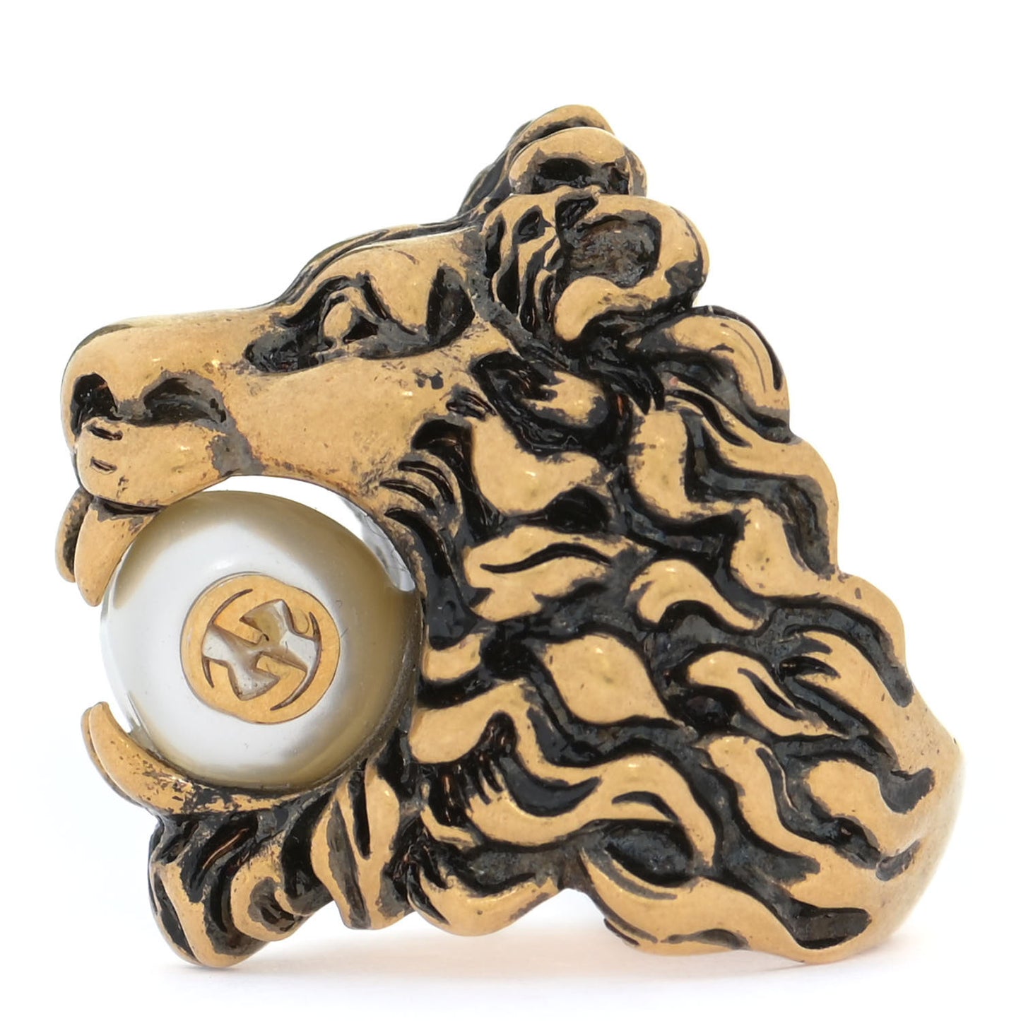 Metal Glass Pearl Lion Head Ring 49 5 Aged Gold