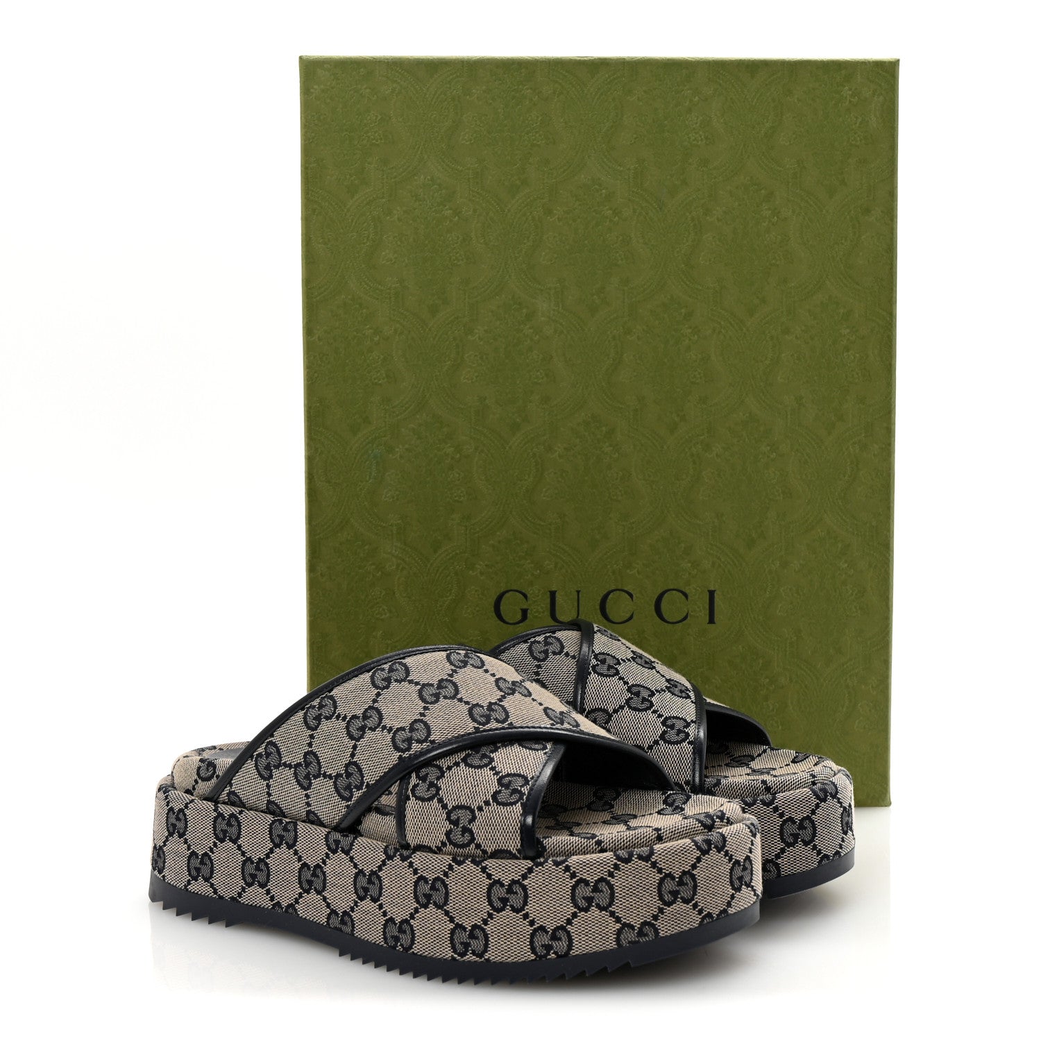 Gucci Monogram Criss Cross Platform Slide Sandals 37 Beige Blue 10 of 10