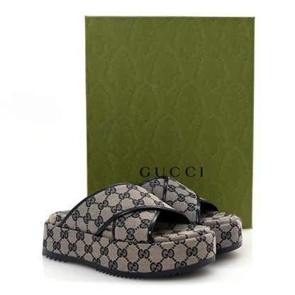 Gucci Monogram Criss Cross Platform Slide Sandals 37 Beige Blue 10 of 10