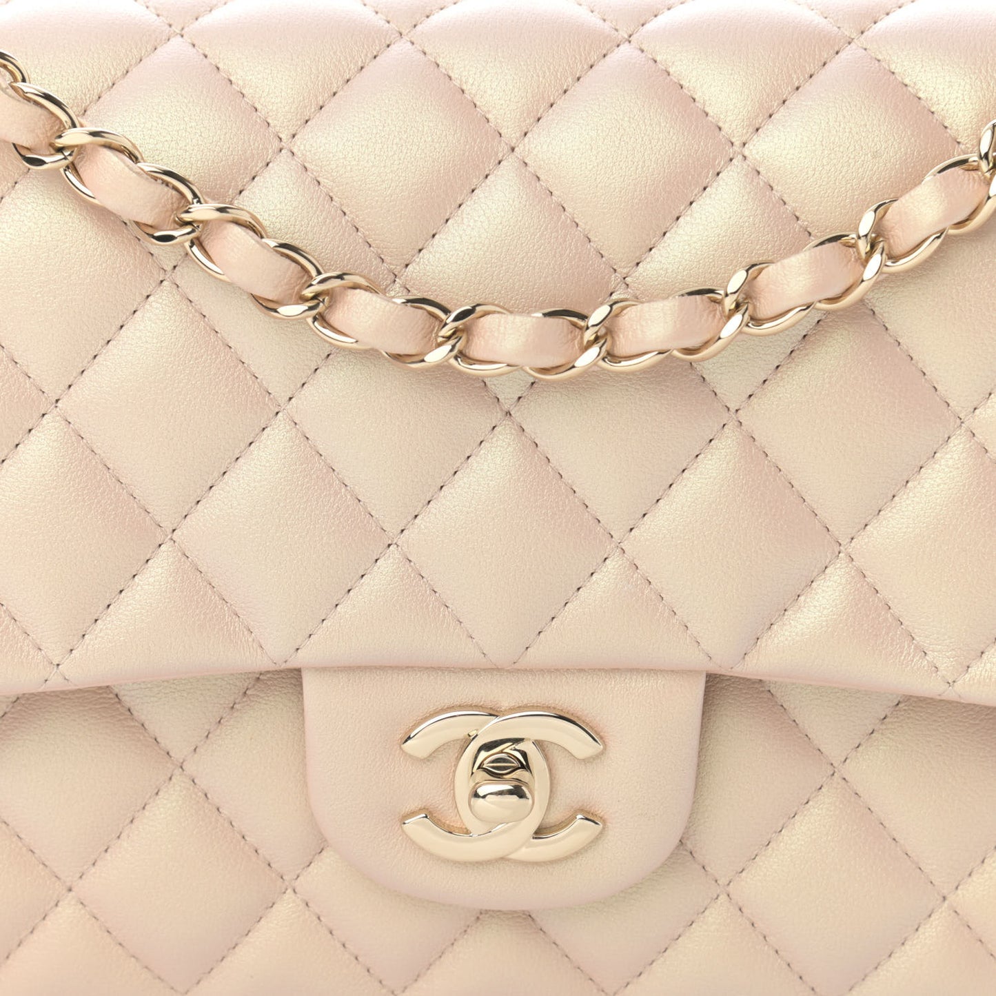 Iridescent Calfskin Quilted Medium Double Flap Beige