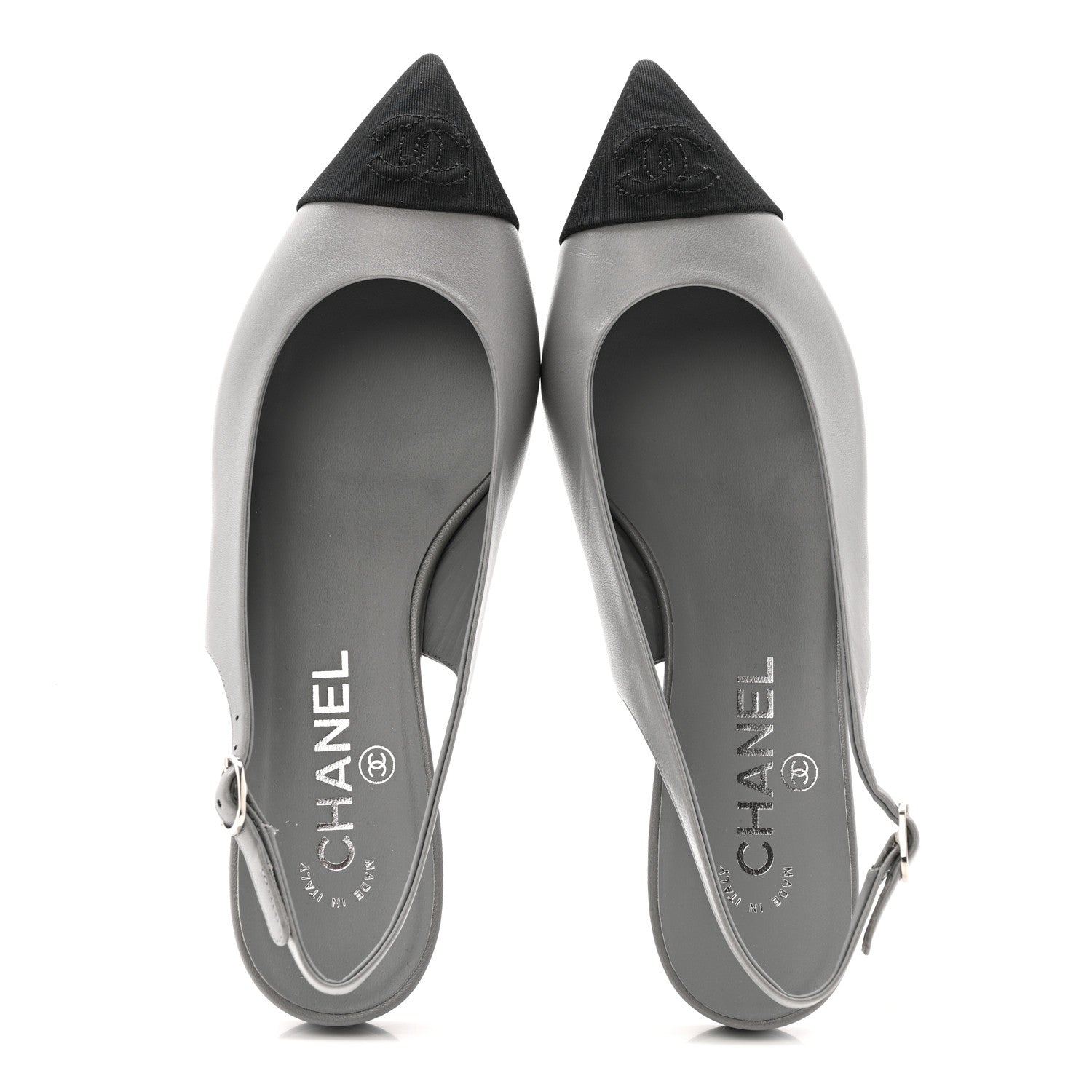 Chanel Goatskin Grosgrain Pointed Toe CC Slingback Flats 36.5 Gray Black 2 of 12