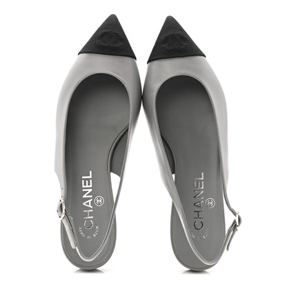 Chanel Goatskin Grosgrain Pointed Toe CC Slingback Flats 36.5 Gray Black 2 of 12