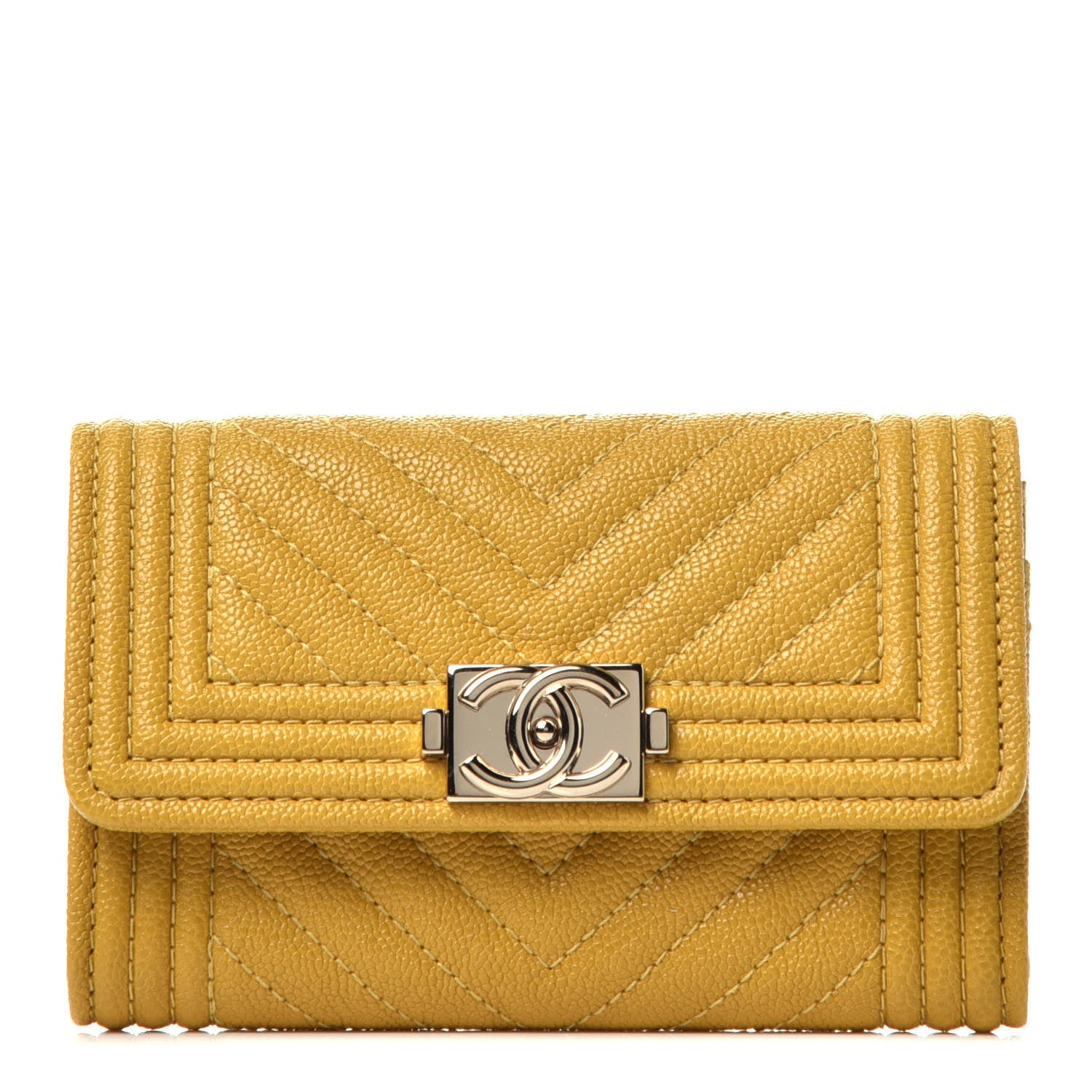 Chanel Caviar Quilted Chevron Boy Card Holder Wallet Yellow 1 of 8