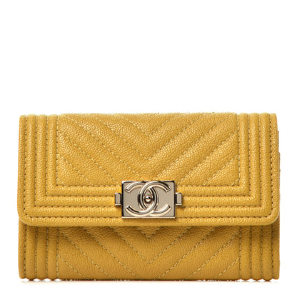 Chanel Caviar Quilted Chevron Boy Card Holder Wallet Yellow 1 of 8