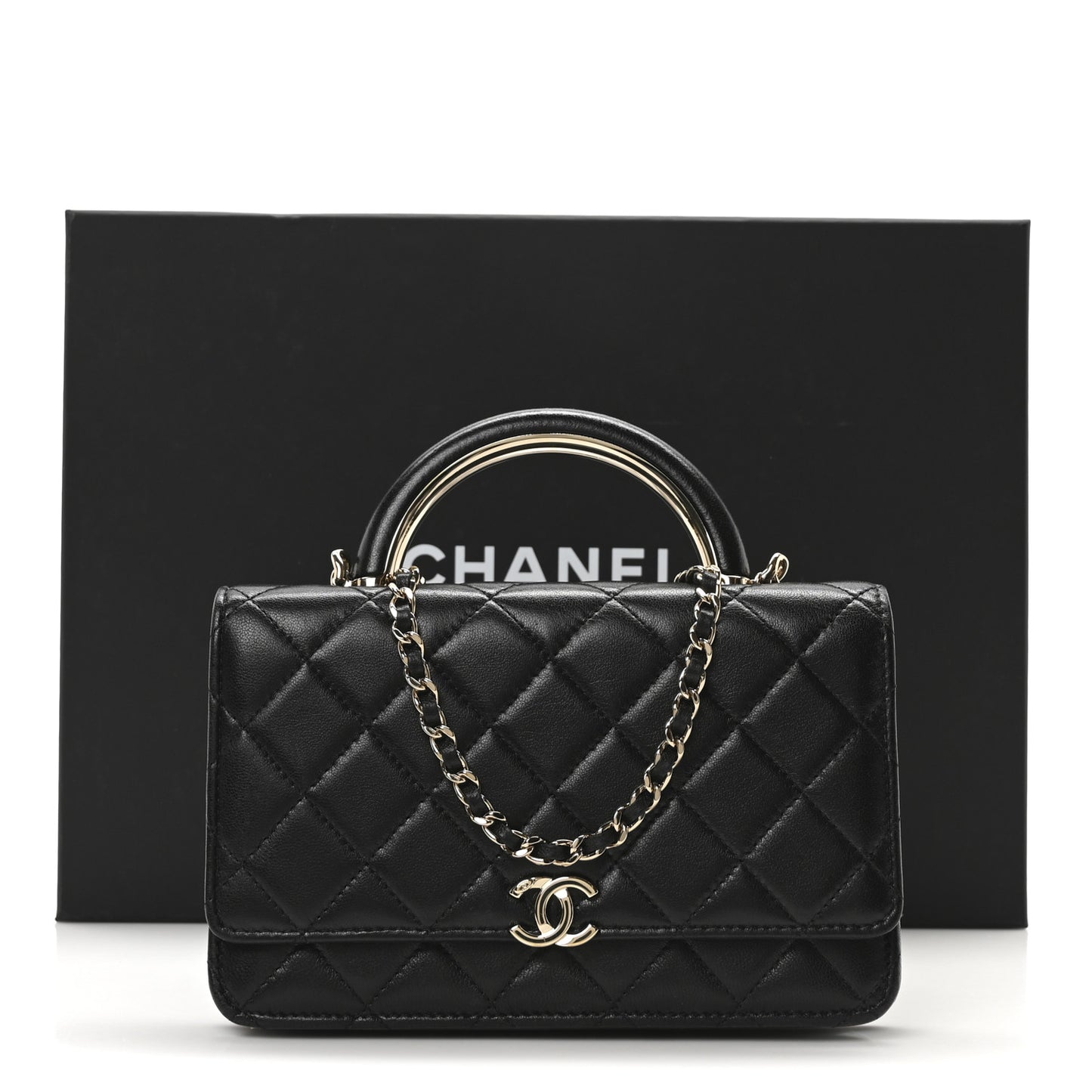Lambskin Quilted Top Handle Wallet On Chain WOC Black
