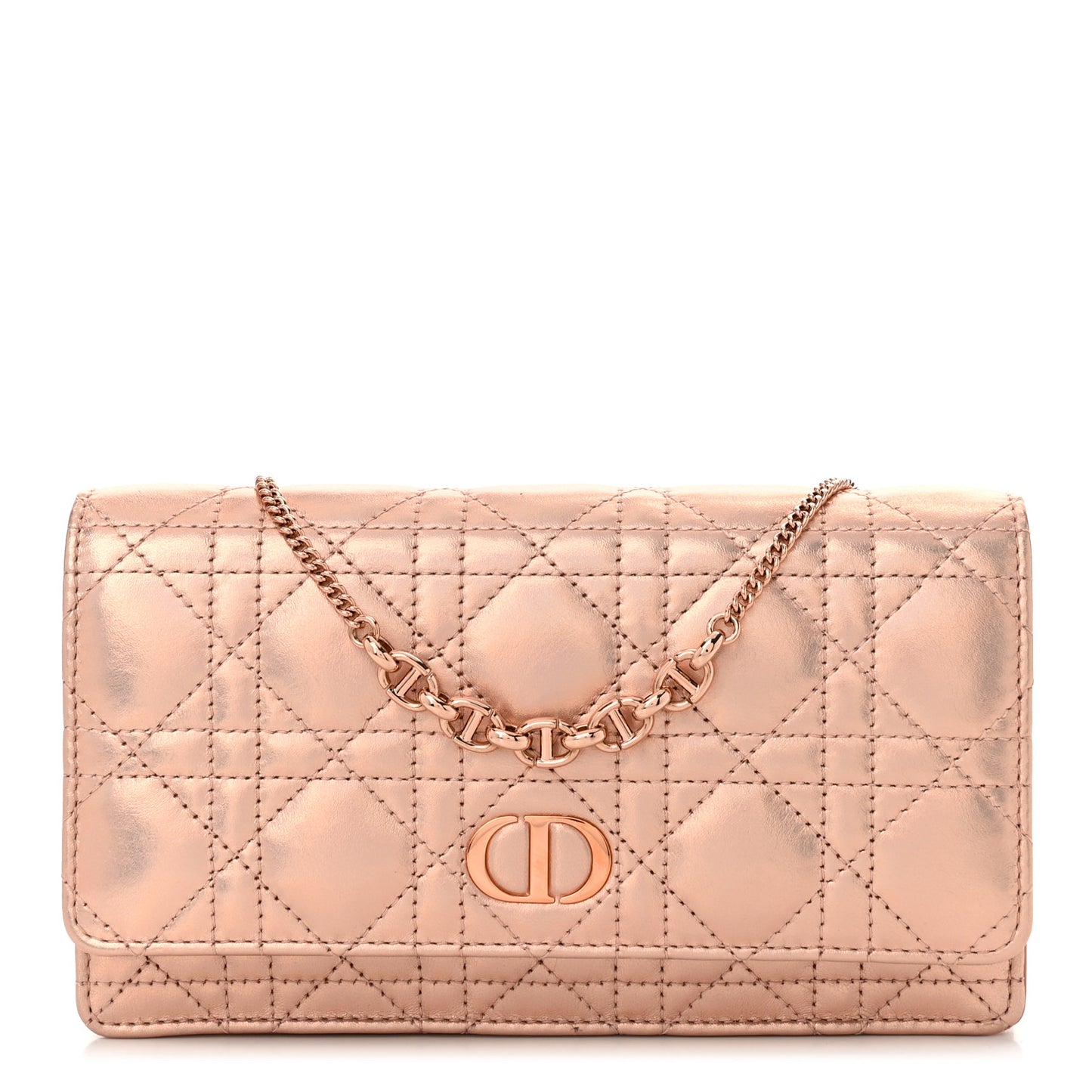 Iridescent Metallic Lambskin Cannage Caro Pouch with Chain Pink