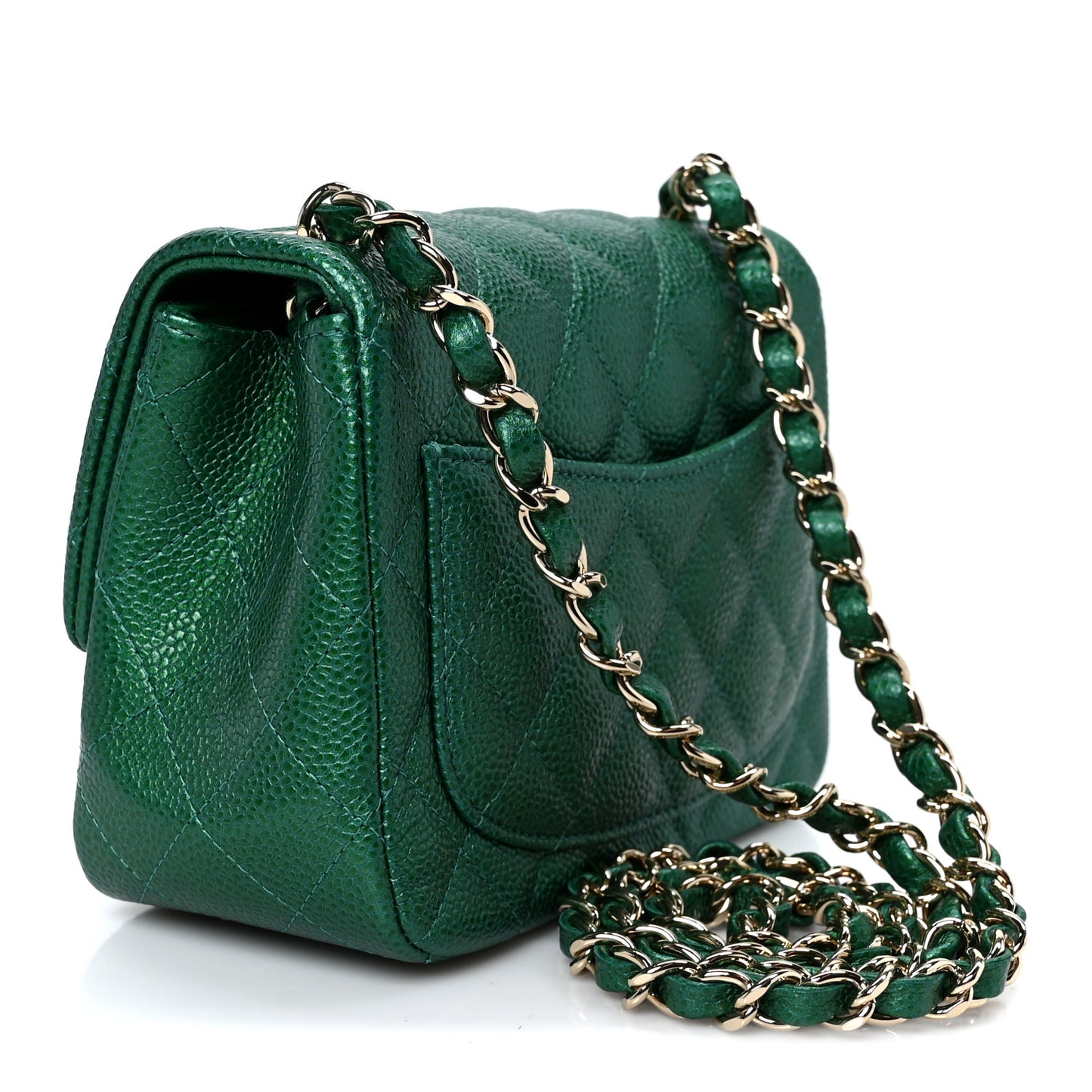 Metallic Caviar Quilted Mini Square Flap Green