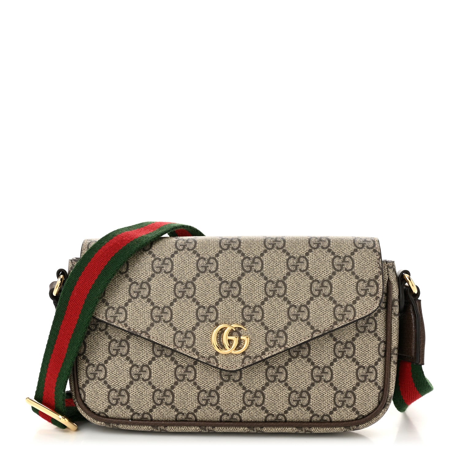 Gucci GG Supreme Monogram Textured Dollar Calfskin Web Mini Ophidia Envelope Shoulder Bag Beige Ebony 1 of 10
