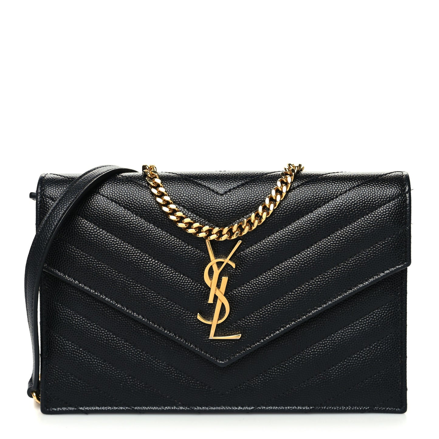 Grain De Poudre Matelasse Chevron Monogram Envelope Chain Wallet Black