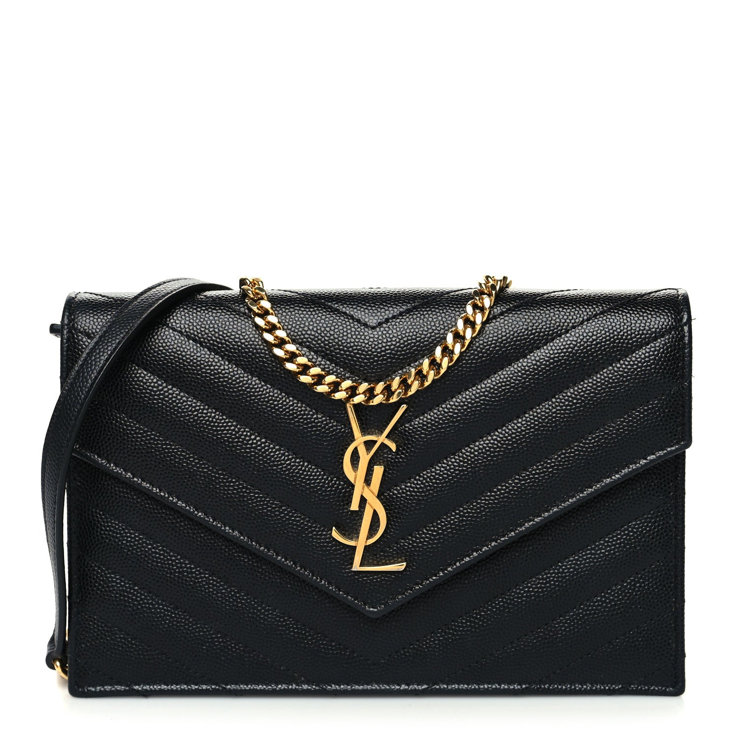 Saint Laurent Grain De Poudre Matelasse Chevron Monogram Envelope Chain Wallet Black 1 of 15