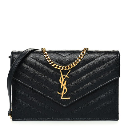 Saint Laurent Grain De Poudre Matelasse Chevron Monogram Envelope Chain Wallet Black 1 of 15