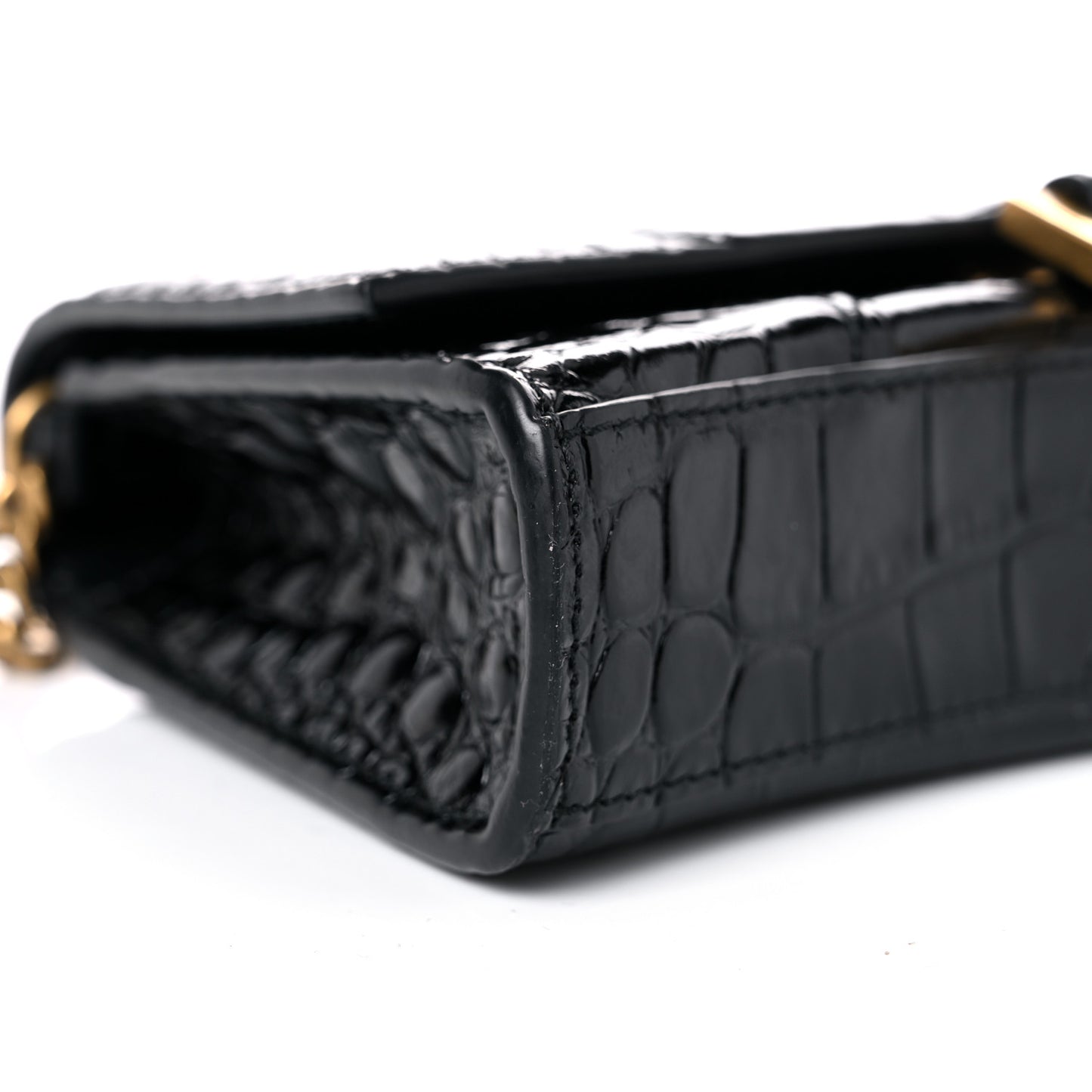 Shiny Calfskin Crocodile Embossed Hourglass Chain Bag Black