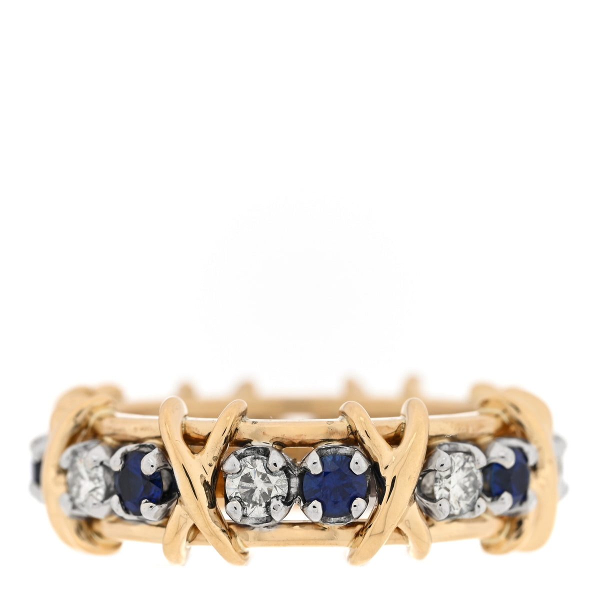 18K Yellow Gold Diamond Blue Sapphire Schlumberger Sixteen Stone Ring 57 8
