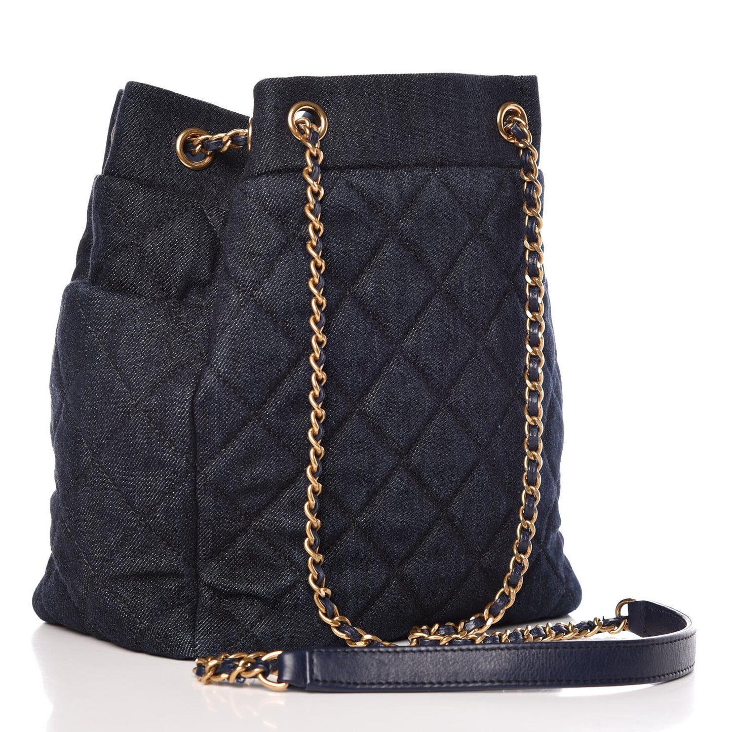 Washed Denim Quilted Small Urban Spirit Drawstring Bag Dark Blue