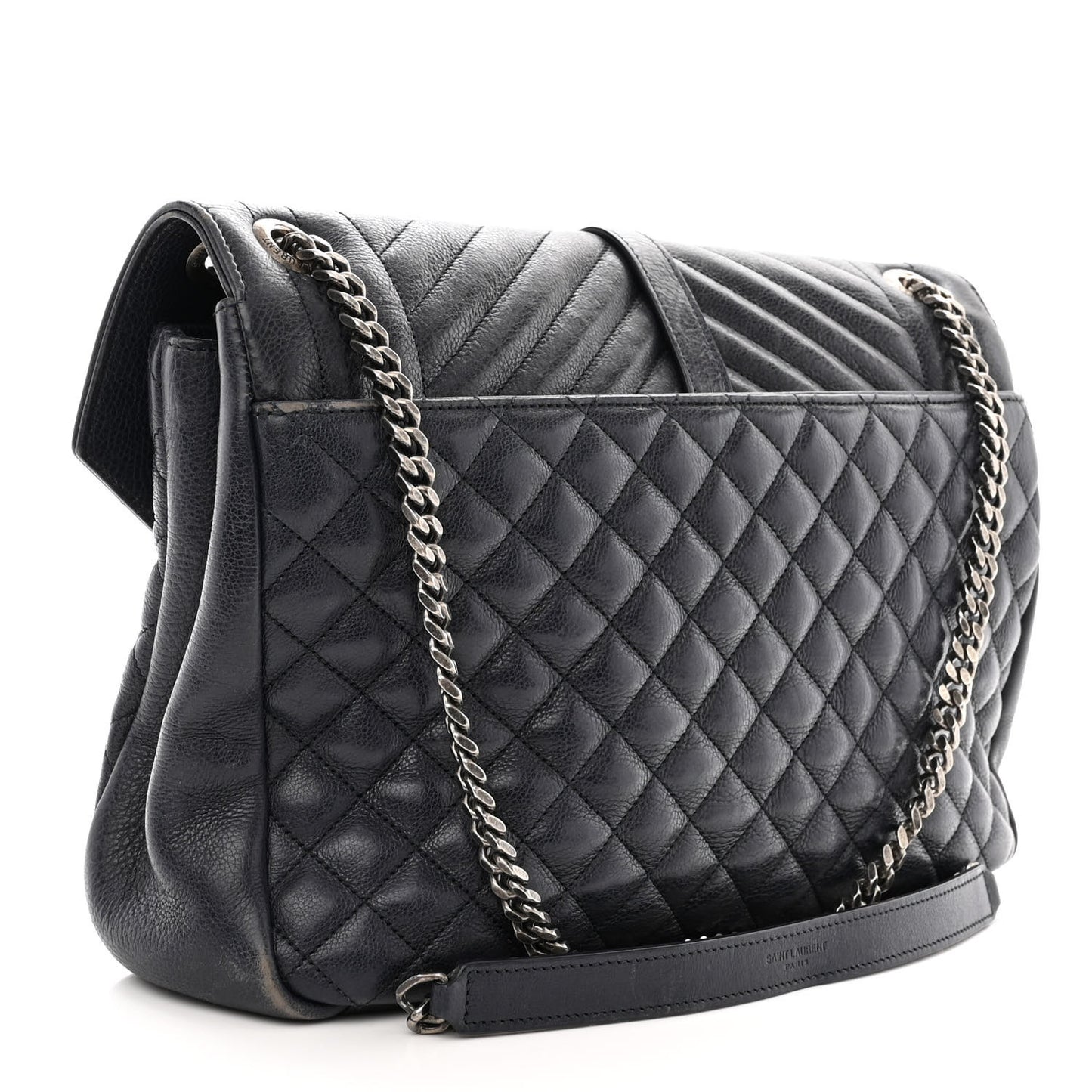 SAINT LAURENT Calfskin Mixed Matelasse Triquilt Large Monogram Envelope Satchel Deep Marine