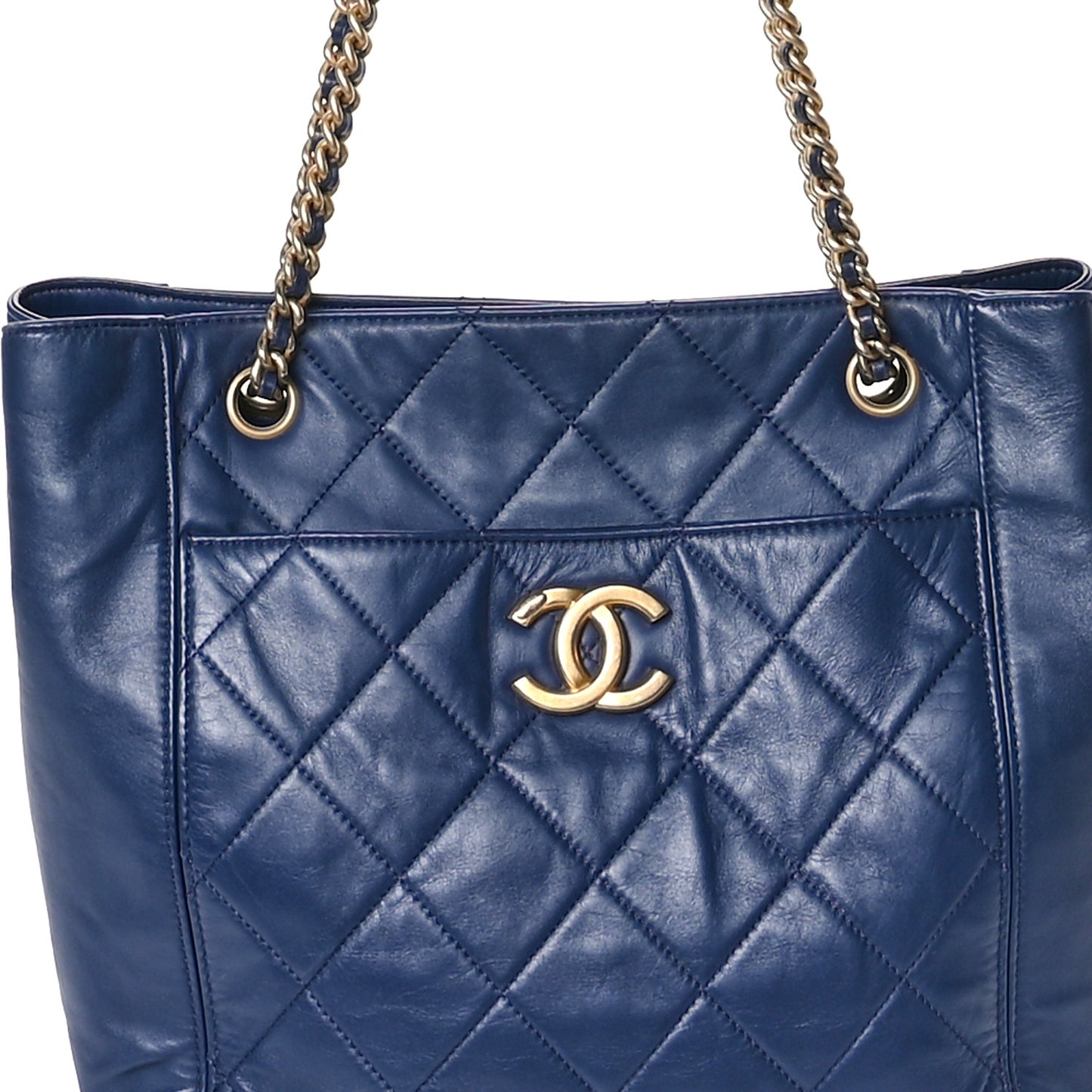 Calfskin Quilted CC Front Pocket Shopping Tote Navy